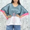 Grey & Pink Satin Kaftan Long Top with Striped Hem
