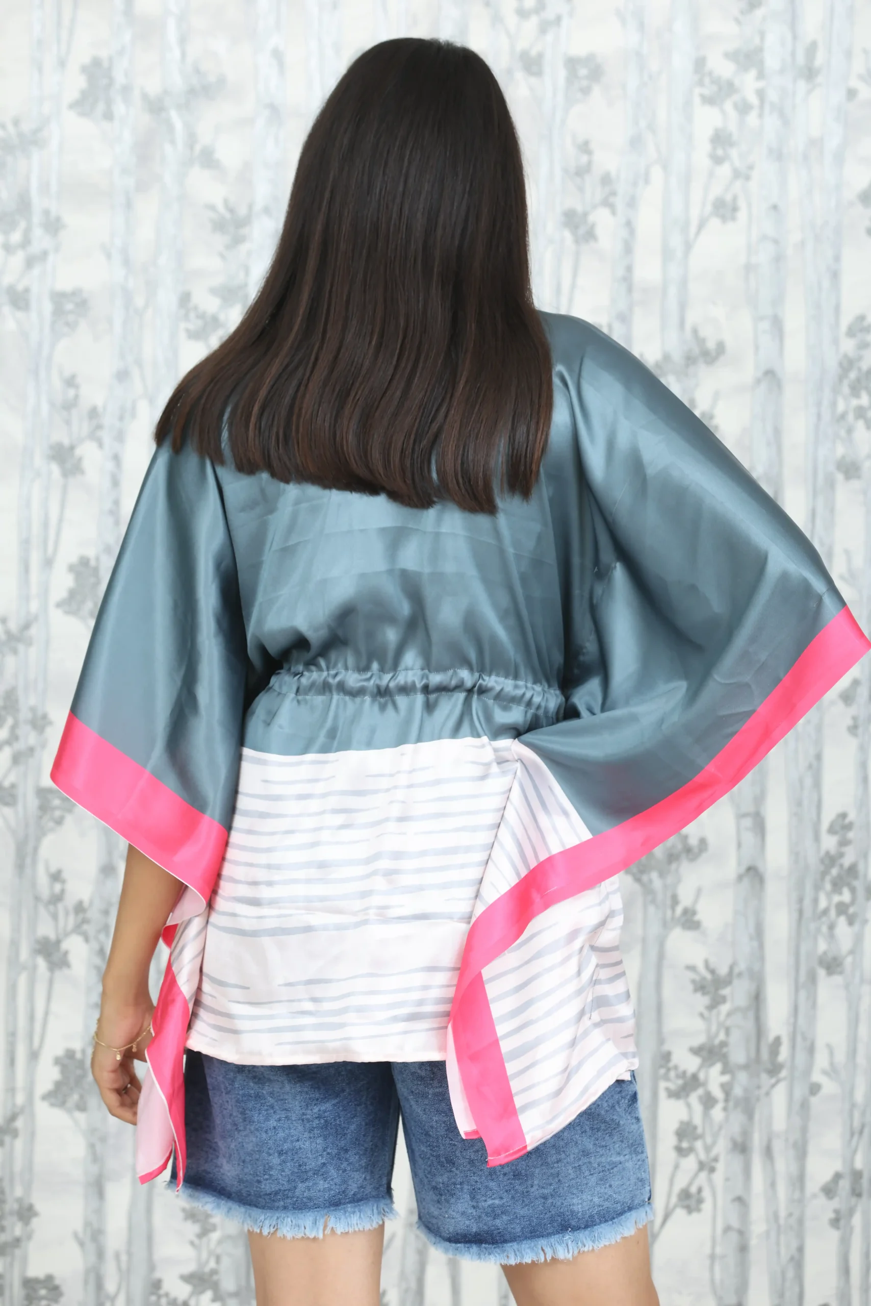 Grey & Pink Satin Kaftan Long Top with Striped Hem