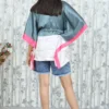 Grey & Pink Satin Kaftan Long Top with Striped Hem