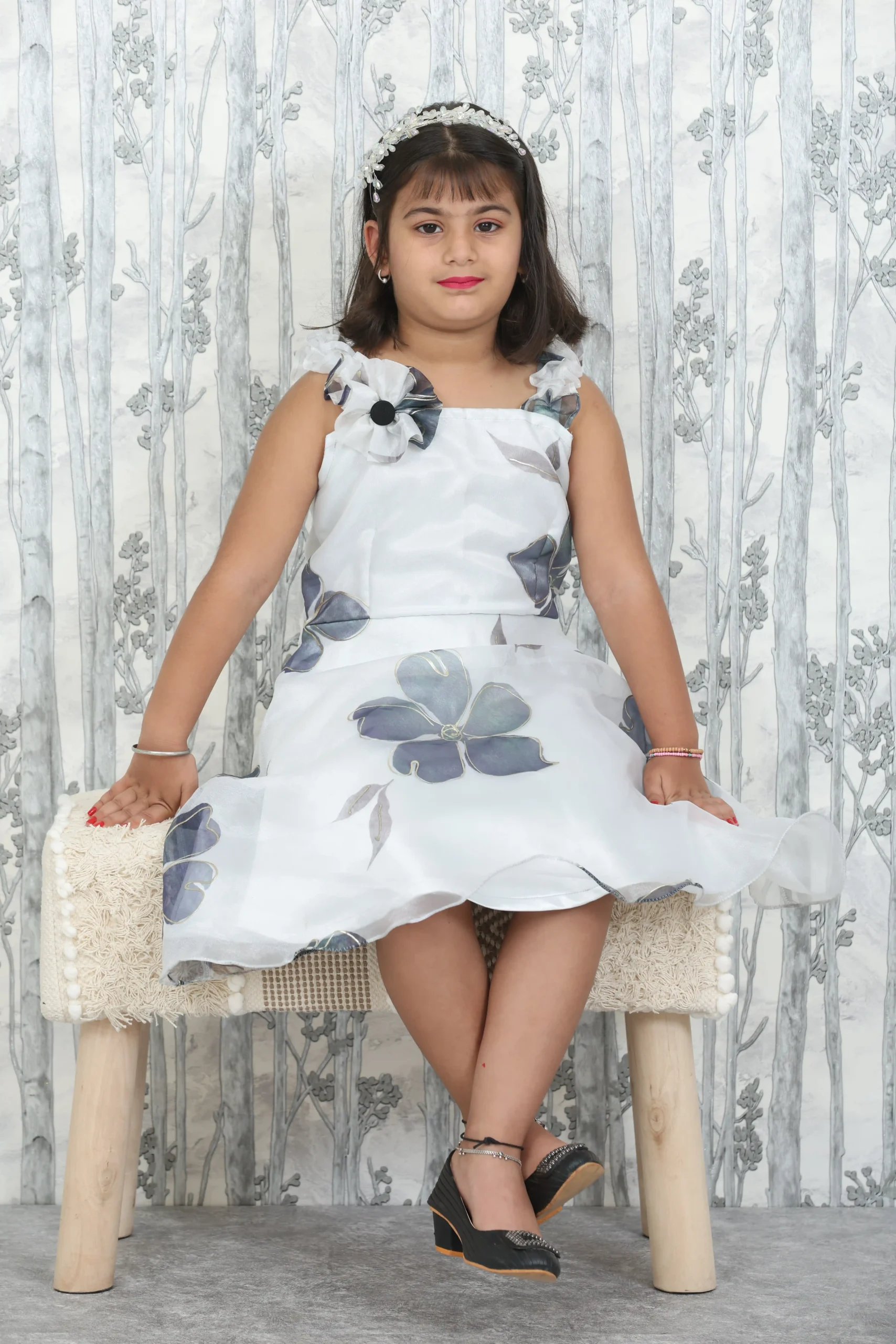 Pearl Organza Kids Frock with Grey Floral Print