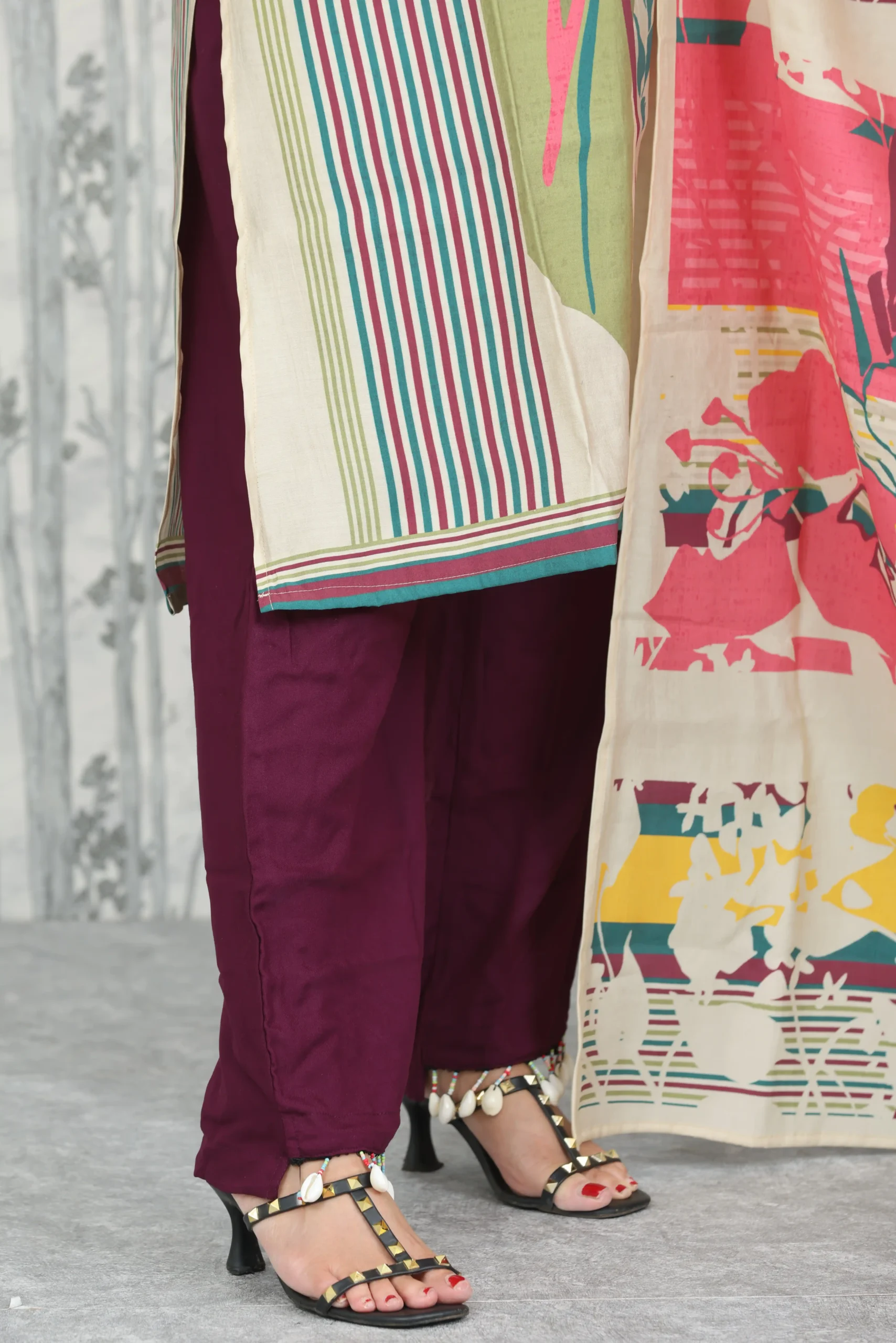 Multicolor Digital Print 3-Piece Suit with Kaudi Hem Detailing