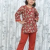 Rust Bagru Print Kurta with Delta Fabric Pant – 2 Pc Set for Girls