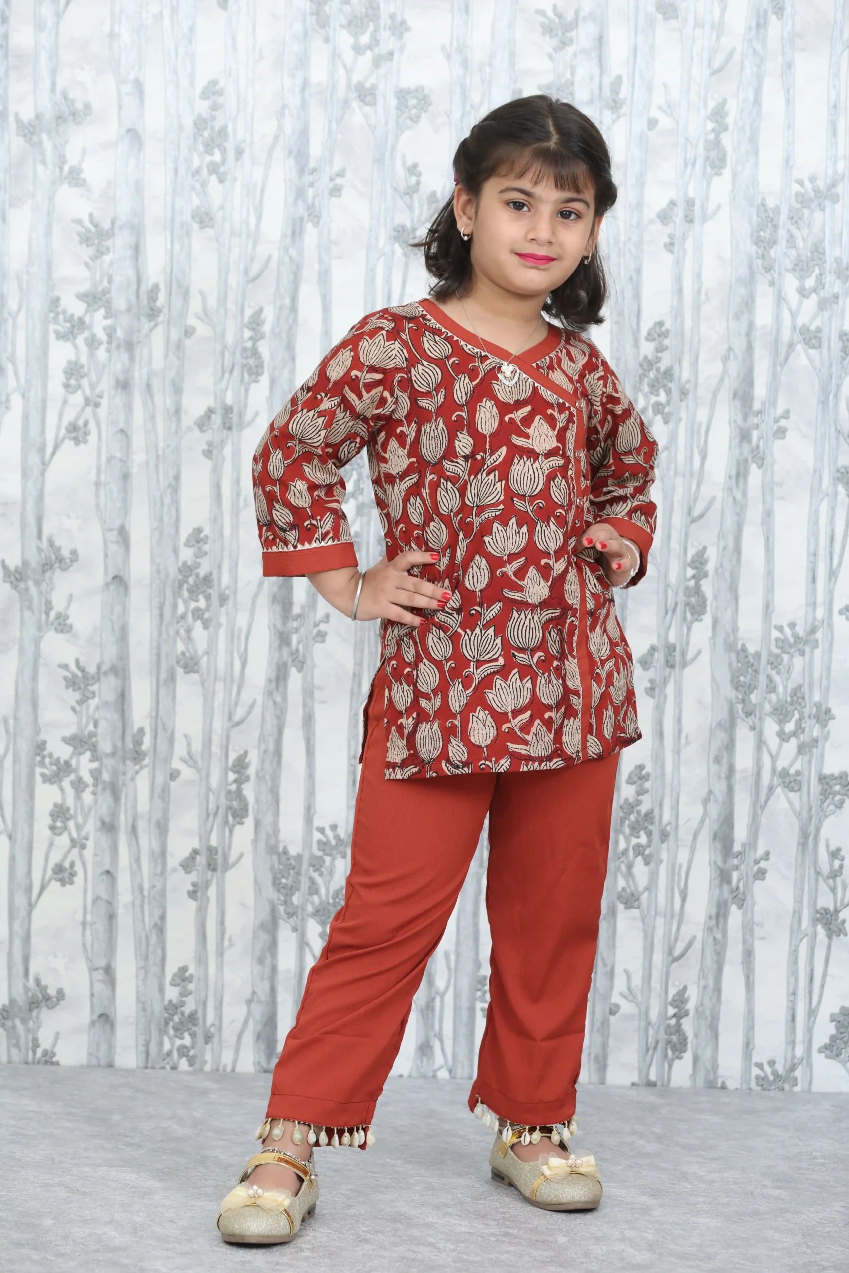 Rust Bagru Print Kurta with Delta Fabric Pant – 2 Pc Set for Girls