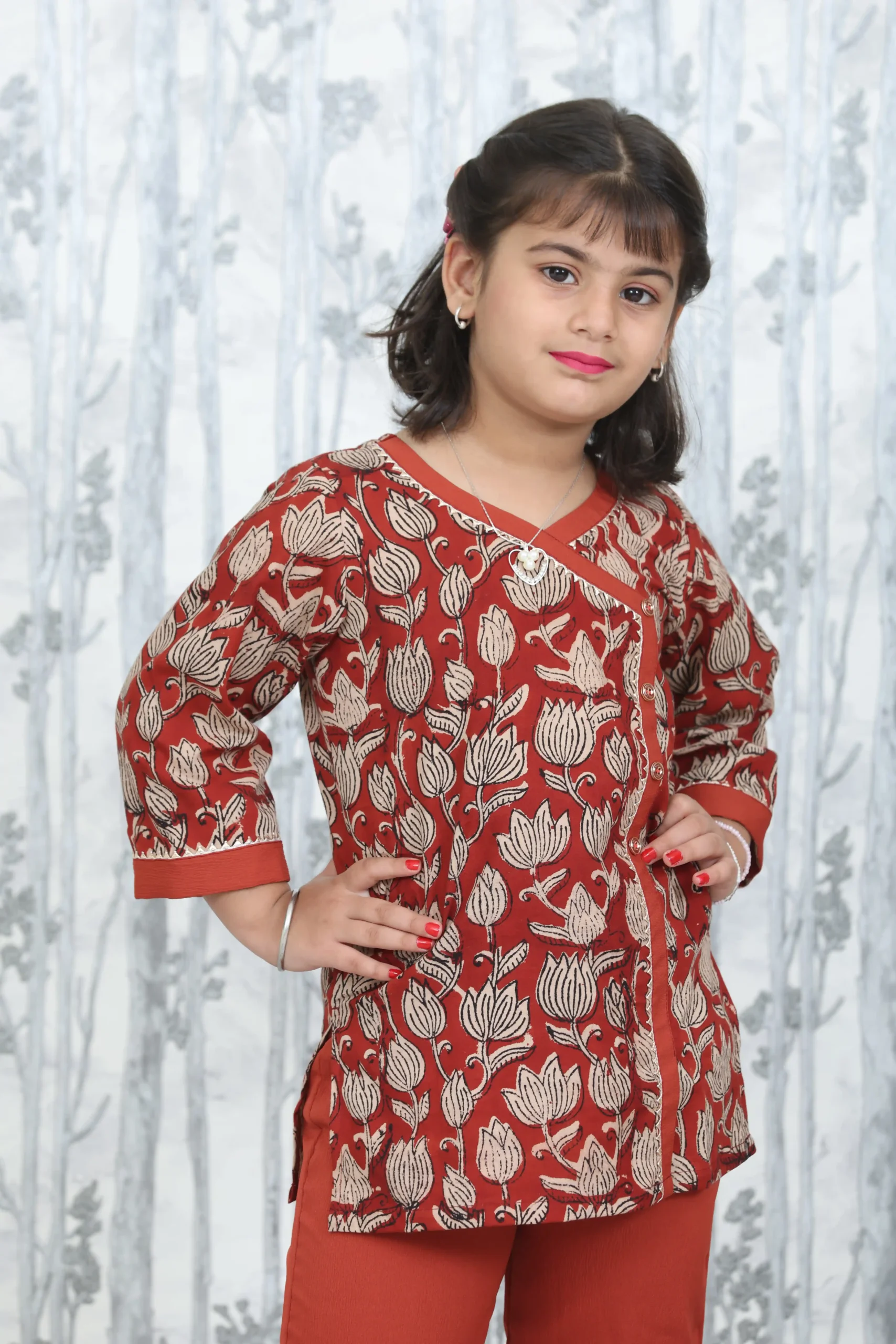 Rust Bagru Print Kurta with Delta Fabric Pant – 2 Pc Set for Girls