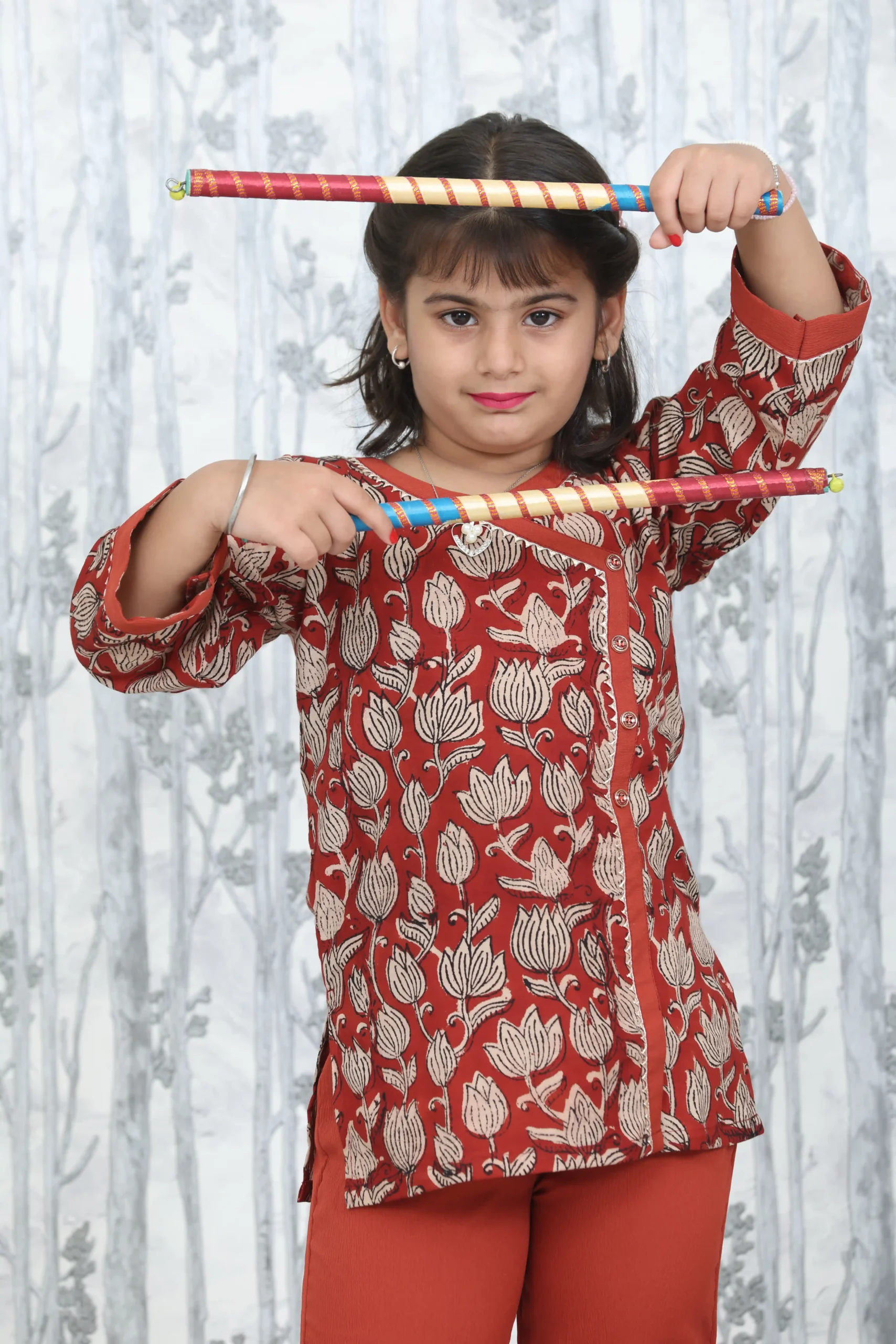 Rust Bagru Print Kurta with Delta Fabric Pant – 2 Pc Set for Girls