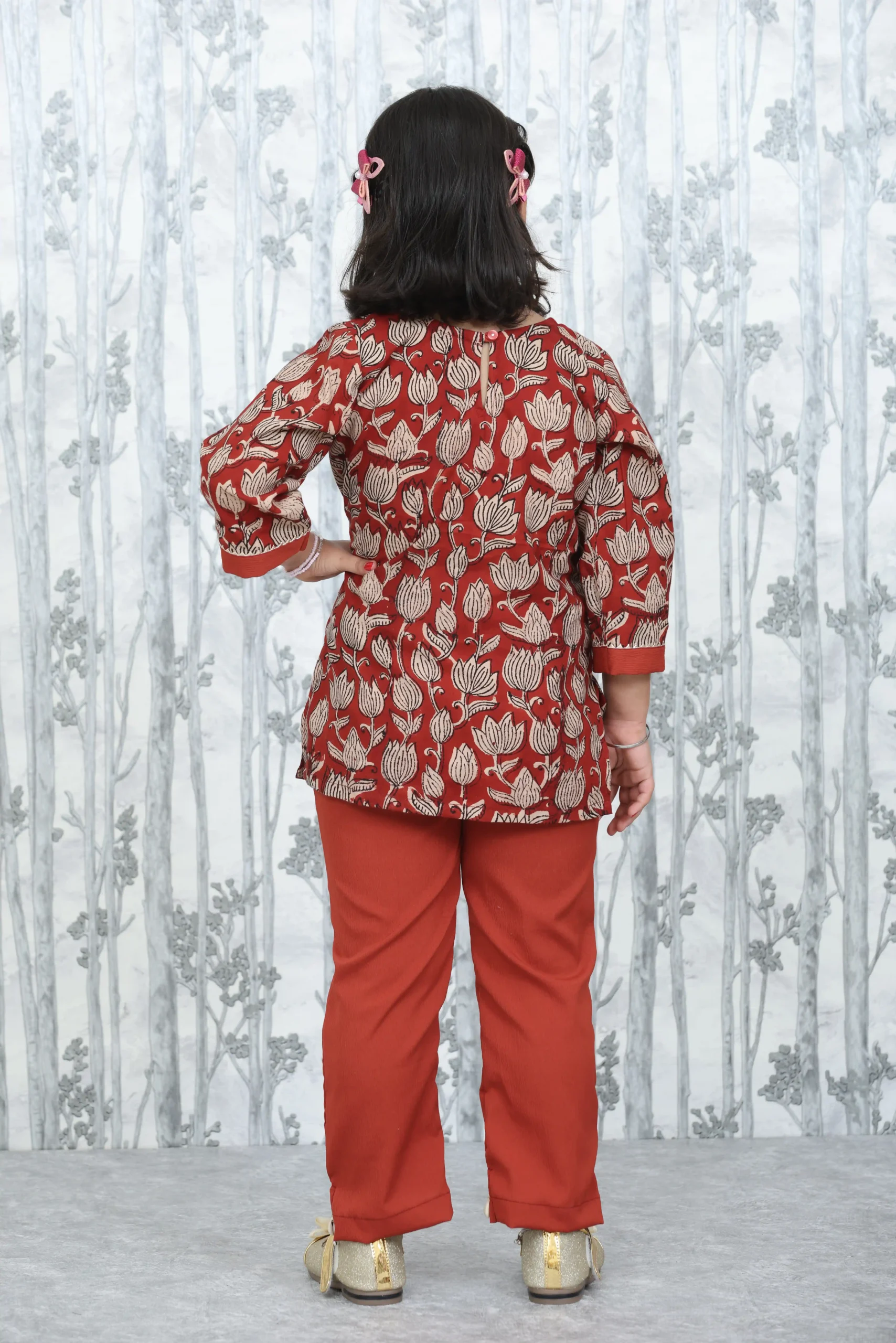 Rust Bagru Print Kurta with Delta Fabric Pant – 2 Pc Set for Girls