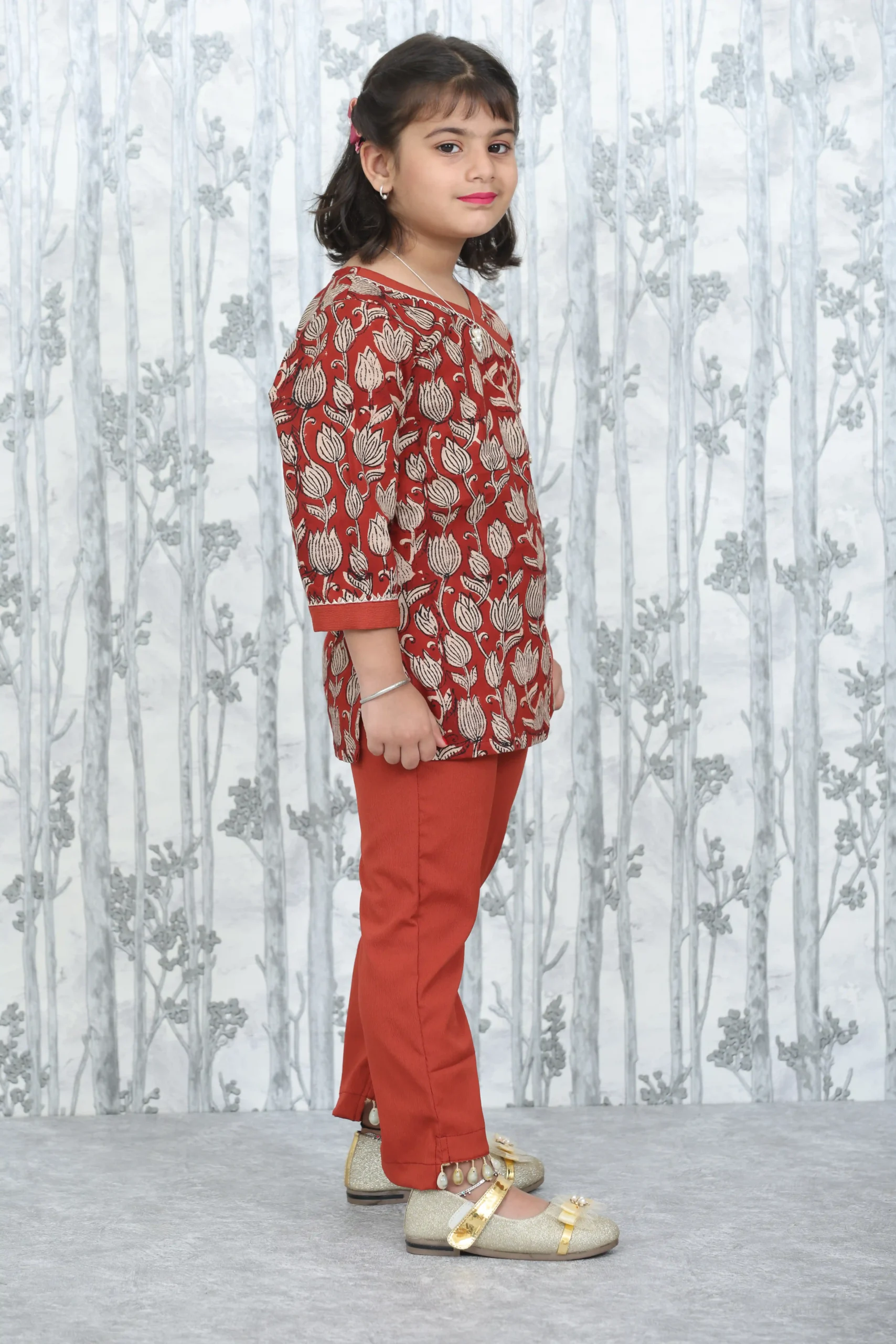 Rust Bagru Print Kurta with Delta Fabric Pant – 2 Pc Set for Girls