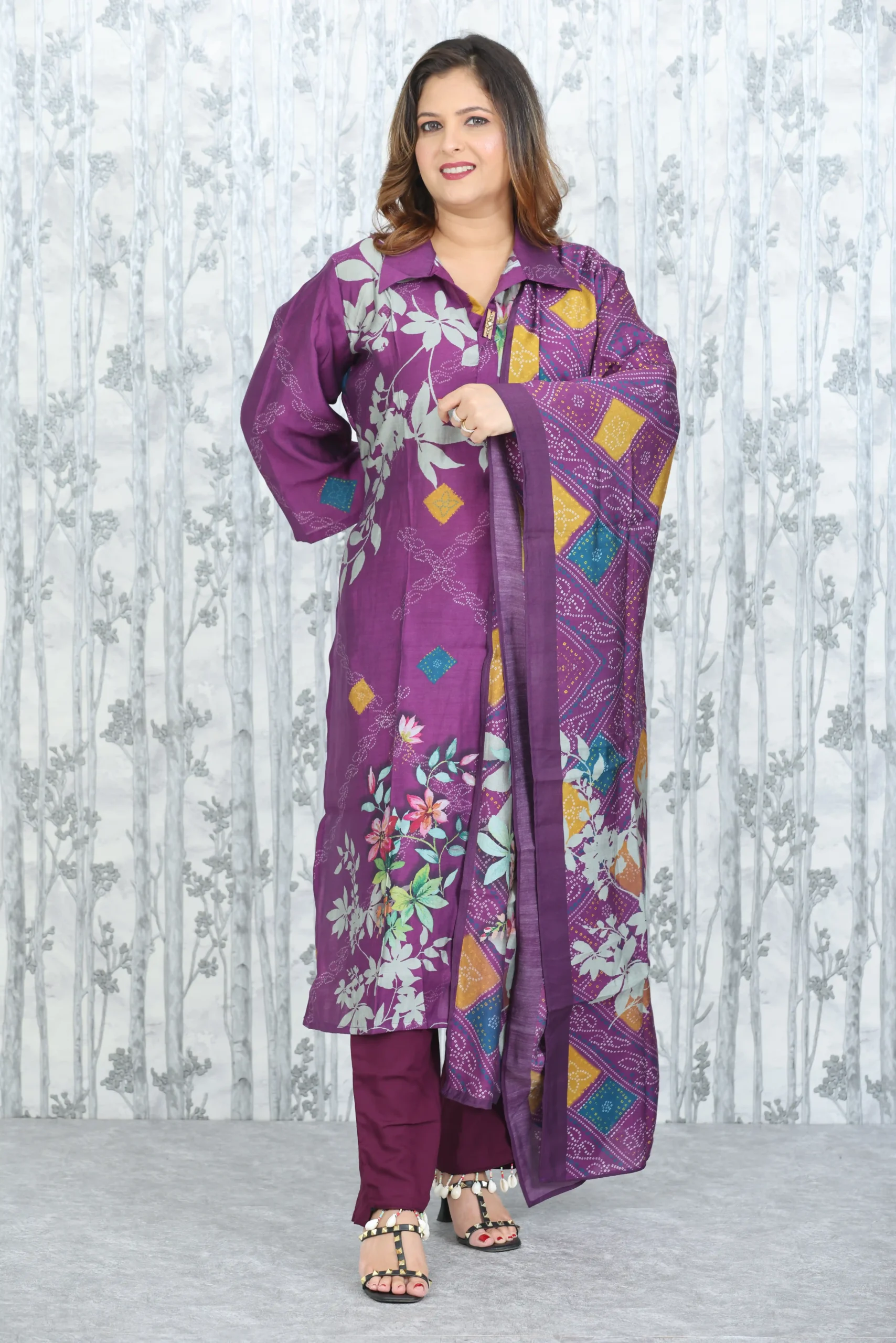 Purple Muslin 3-Piece Suit Set with Printed Dupatta and Kaudi Hem Detail