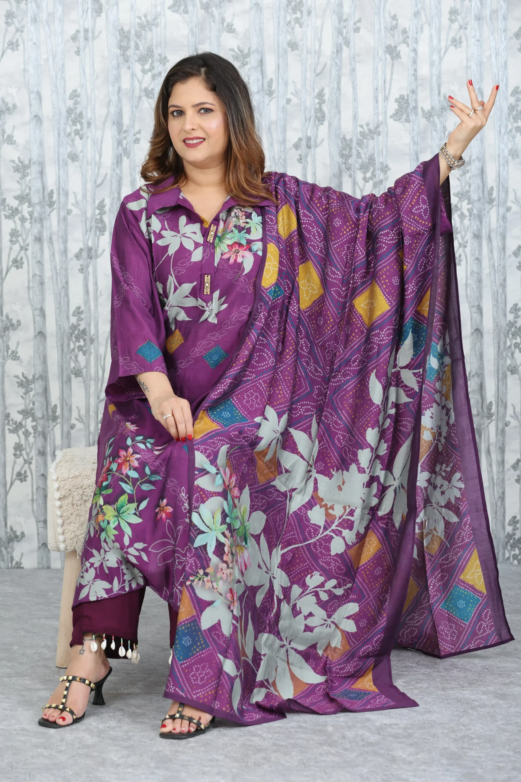 Purple Muslin 3-Piece Suit Set with Printed Dupatta and Kaudi Hem Detail