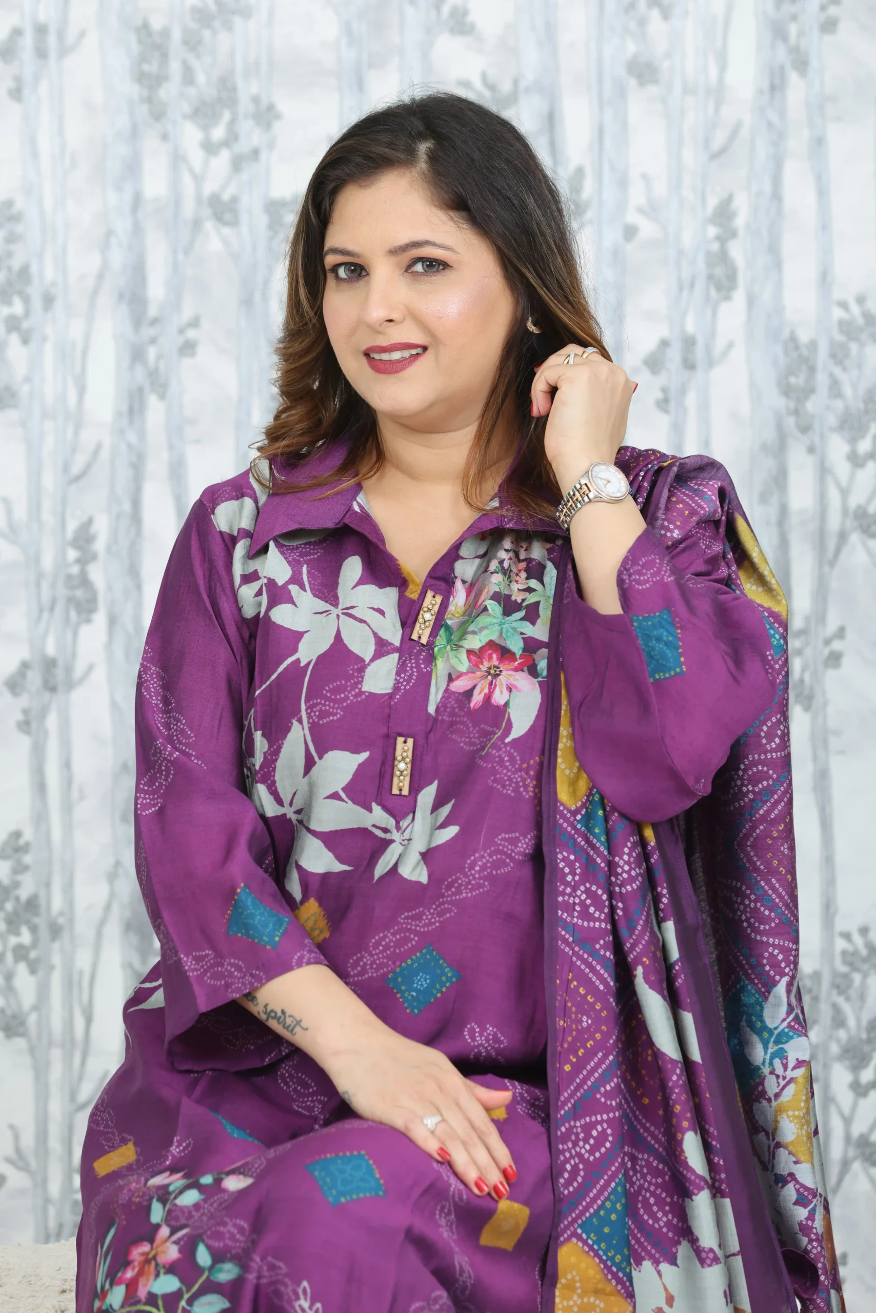 Purple Muslin 3-Piece Suit Set with Printed Dupatta and Kaudi Hem Detail