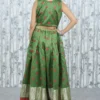 Green Banarasi Brocade Skirt & Crop Top with Red Kalamkari Dupatta – 3 Piece Set