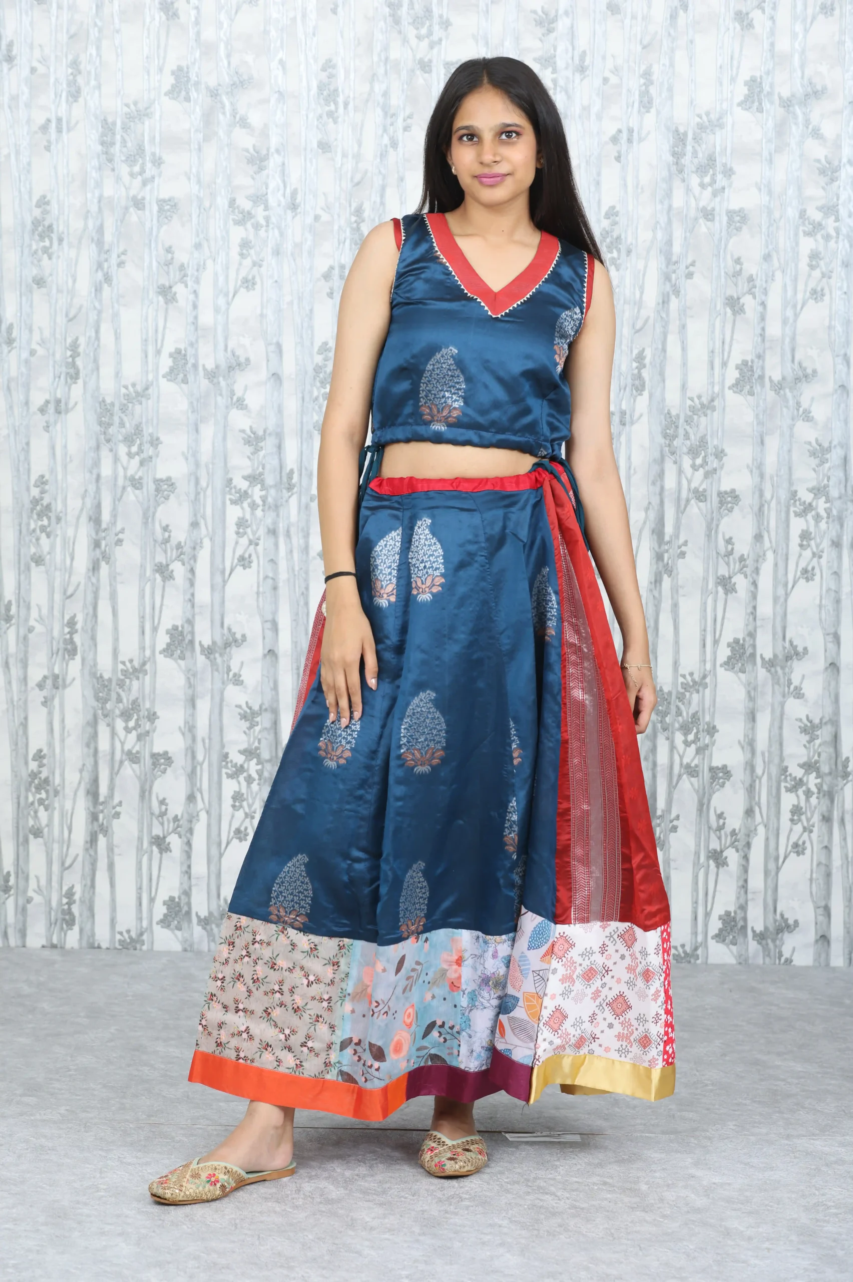 Festive Flared Skirt & Crop Top Set – Teal Blue & Multicolor Patchwork (2 Pc)