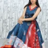 Festive Flared Skirt & Crop Top Set – Teal Blue & Multicolor Patchwork (2 Pc)