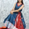 Festive Flared Skirt & Crop Top Set – Teal Blue & Multicolor Patchwork (2 Pc)
