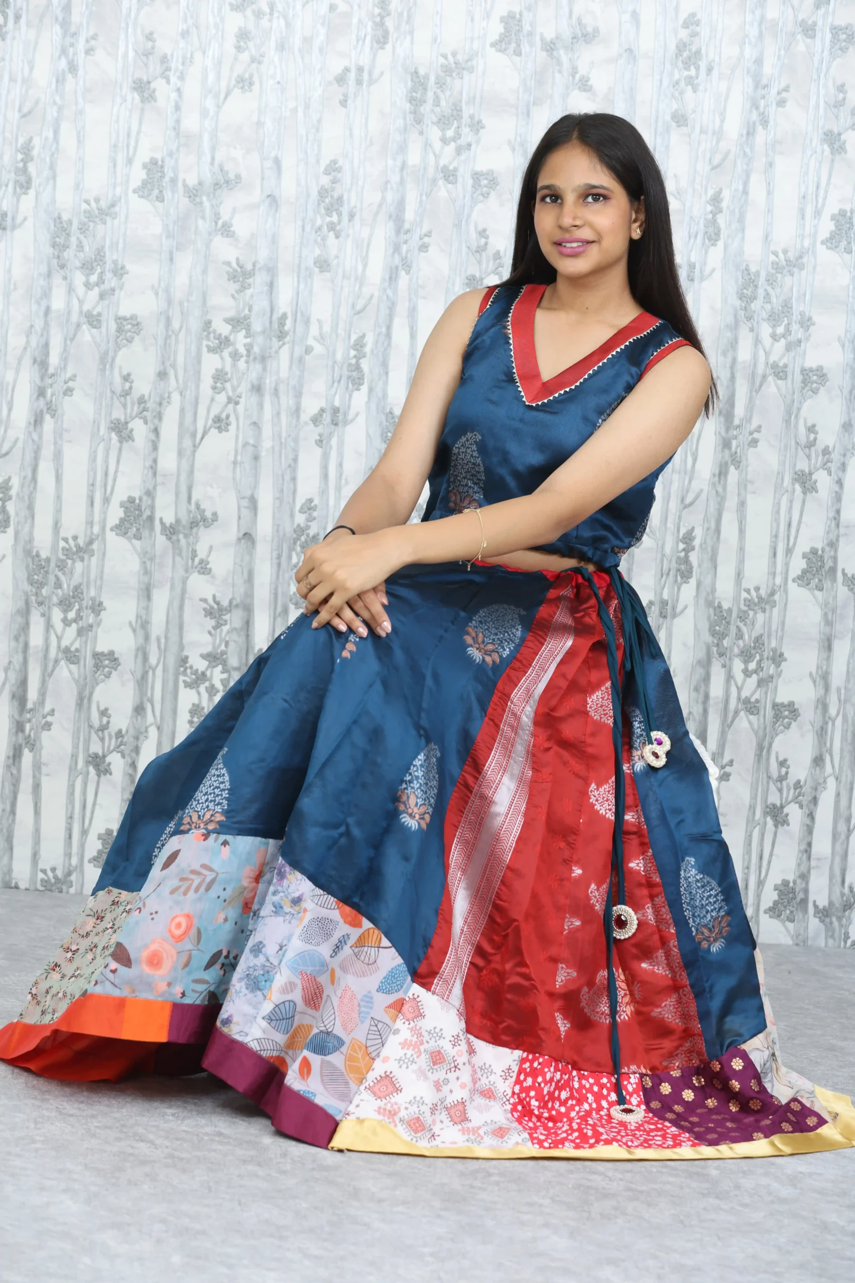 Festive Flared Skirt & Crop Top Set – Teal Blue & Multicolor Patchwork (2 Pc)