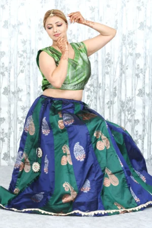 Green & Blue Banarasi Blend Skirt Crop Top Set