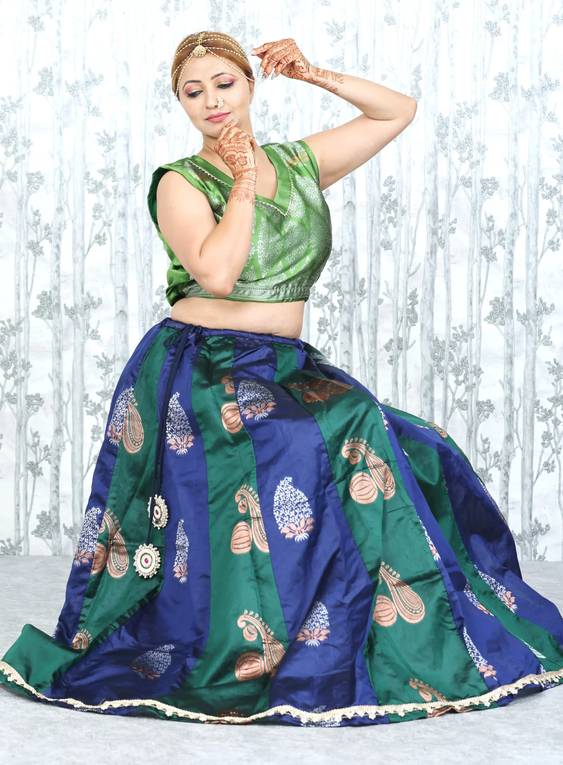 Green & Blue Banarasi Blend Skirt Crop Top Set