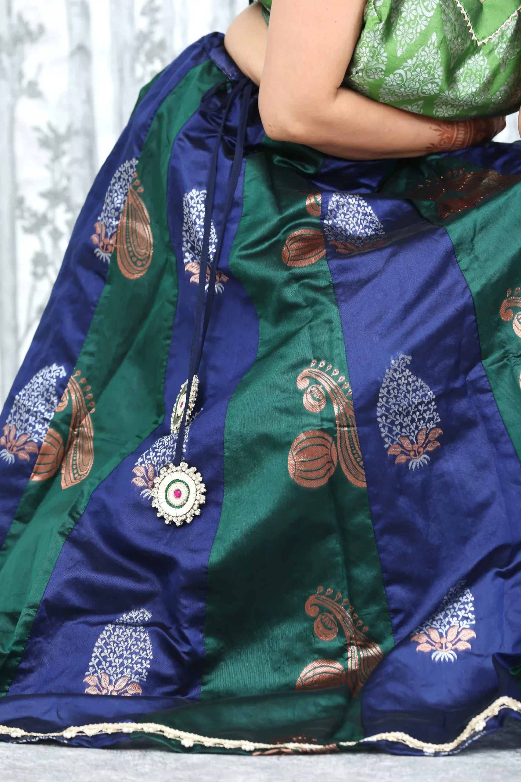Green & Blue Banarasi Blend Skirt Crop Top Set