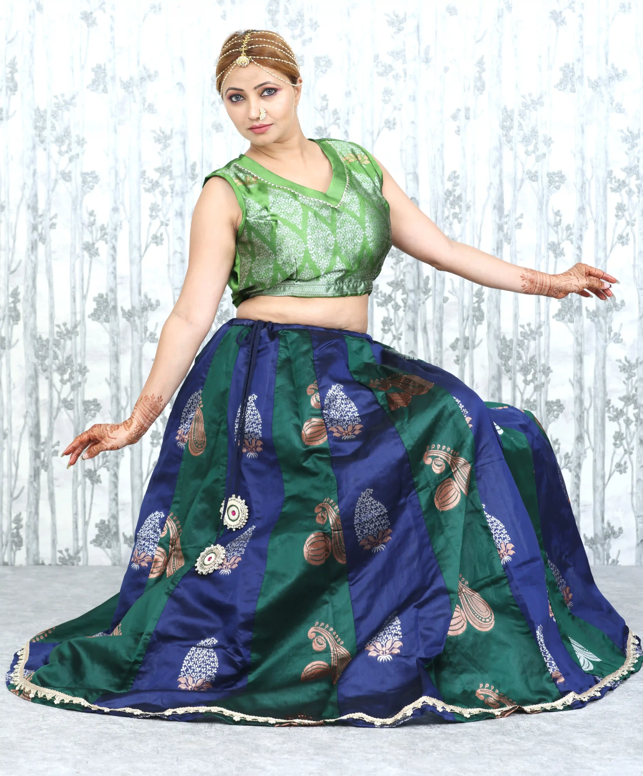 Green & Blue Banarasi Blend Skirt Crop Top Set