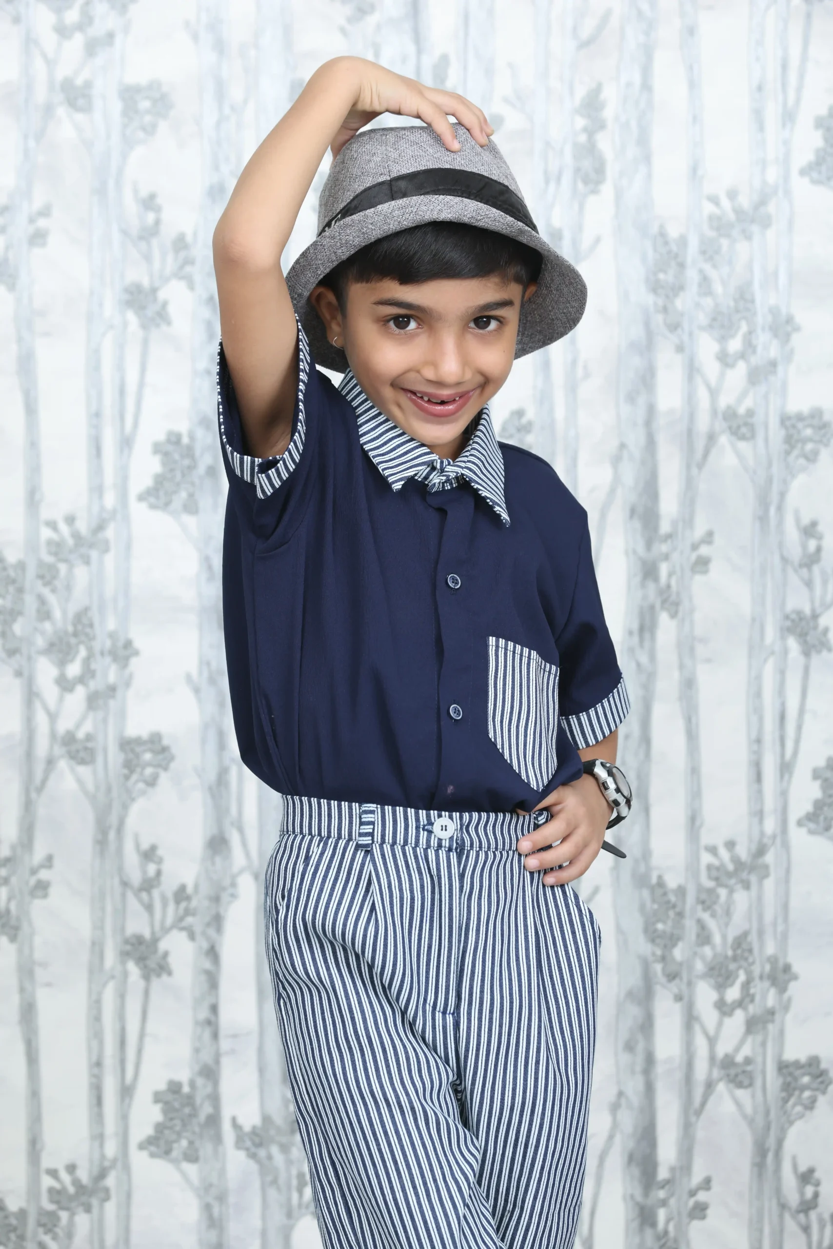 2-Piece Boys' Set – Navy Blue Shirt & Blue Striped Pants