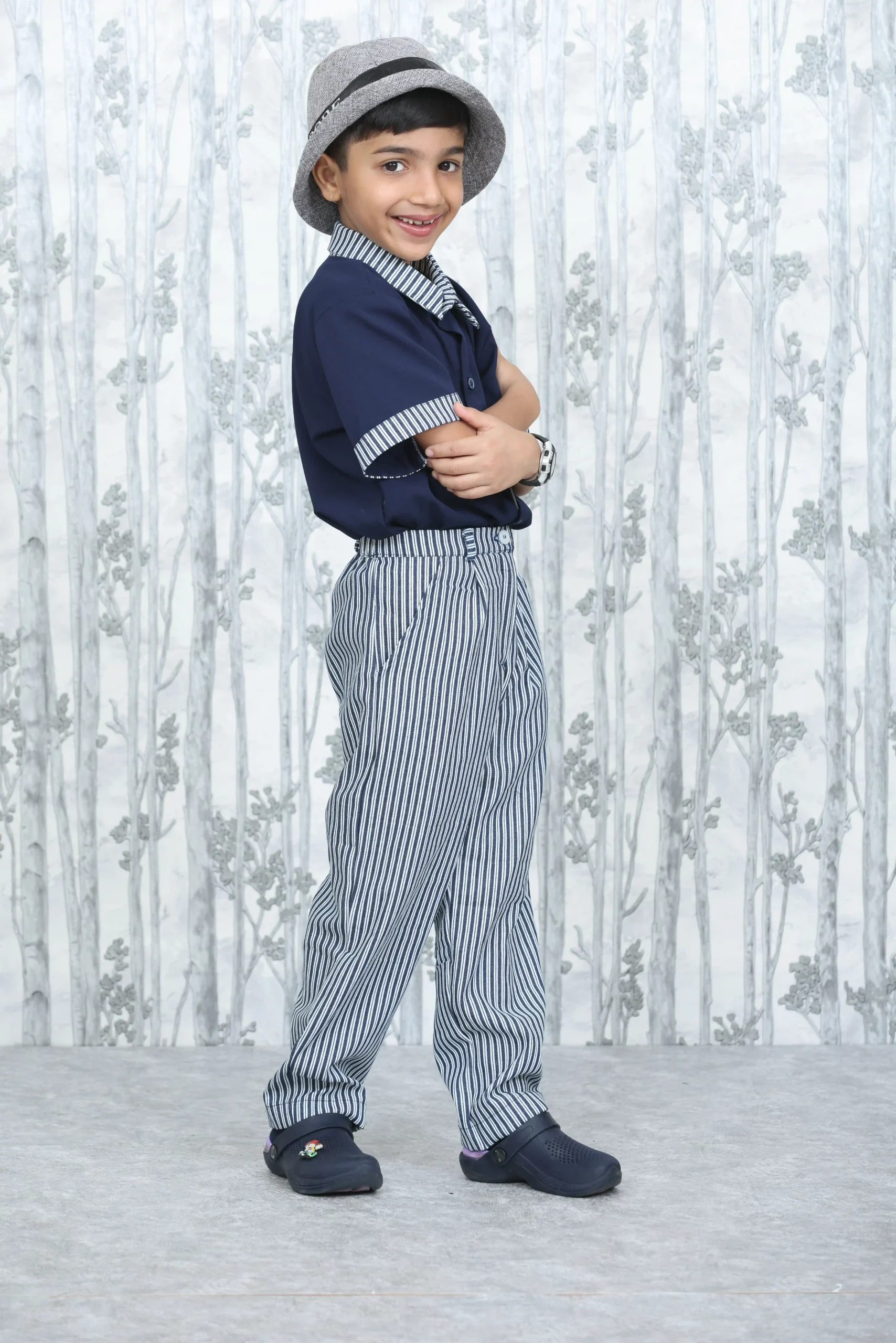2-Piece Boys' Set – Navy Blue Shirt & Blue Striped Pants