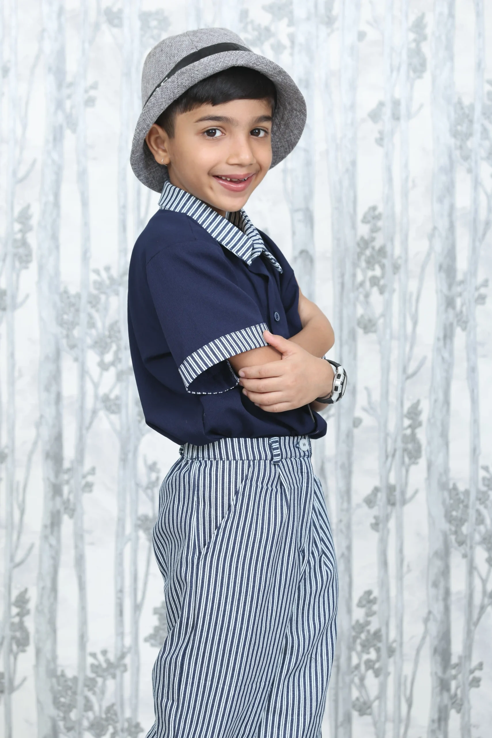 2-Piece Boys' Set – Navy Blue Shirt & Blue Striped Pants