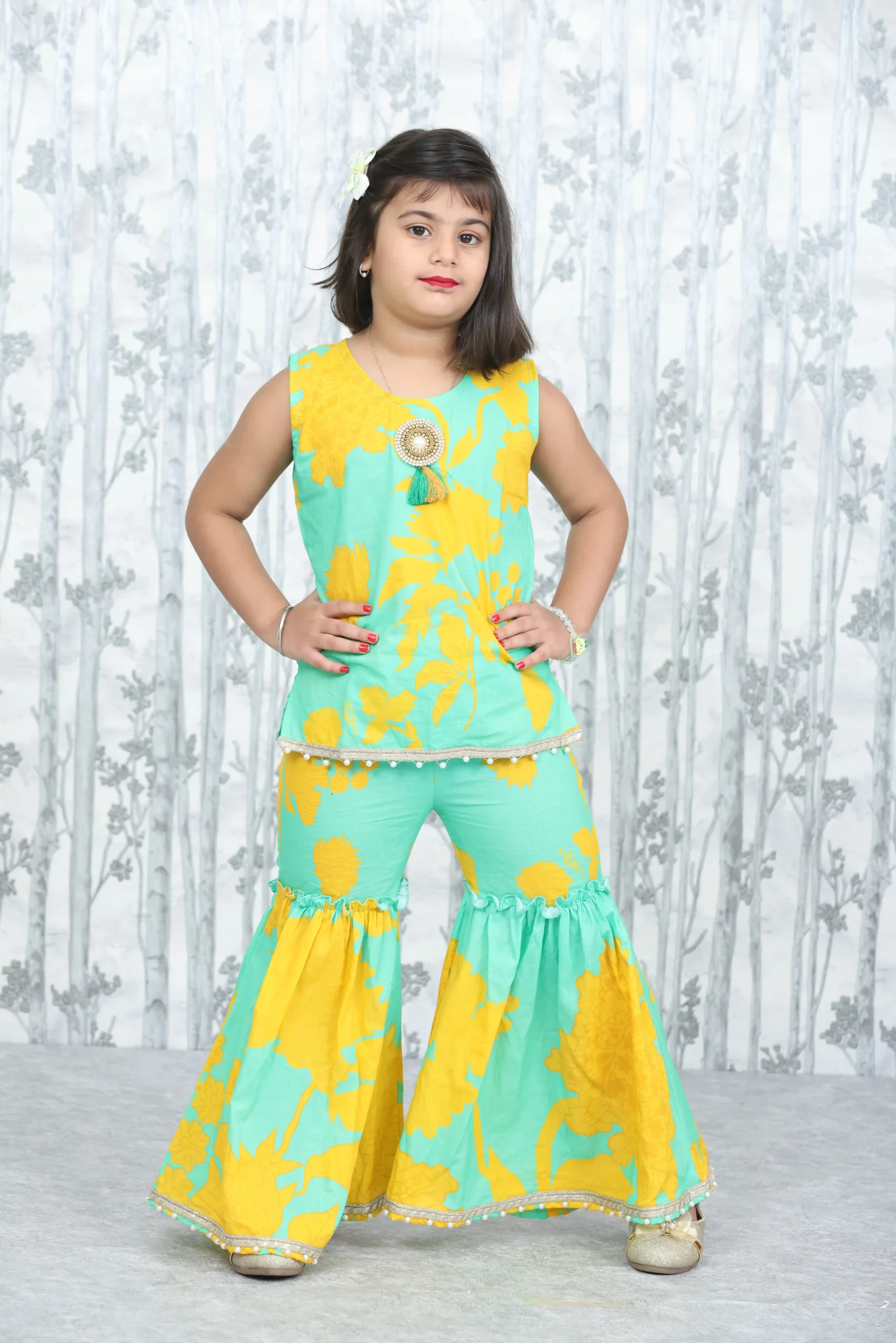 Aqua & Yellow Floral Kids Garara Set with Lace Detailing