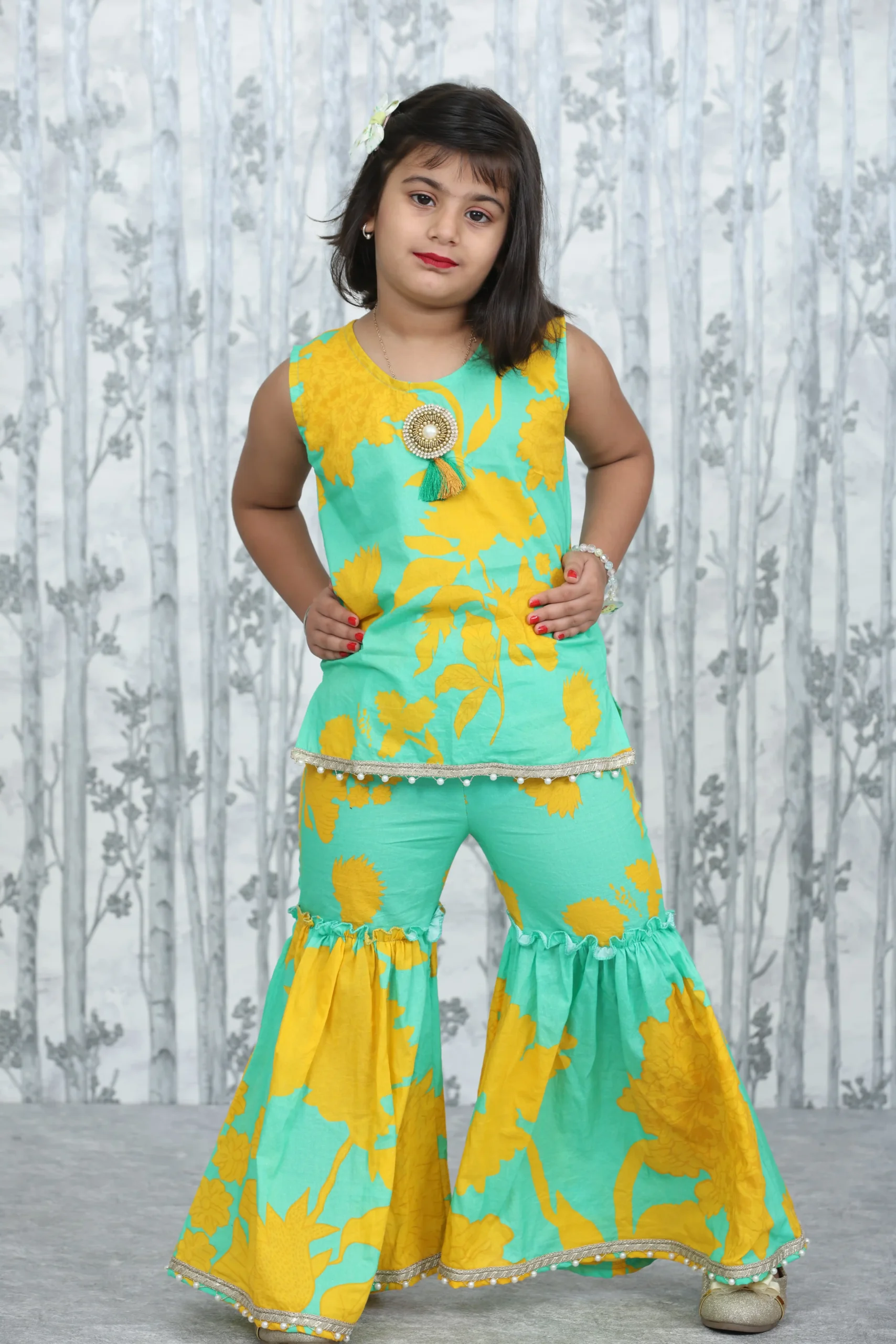 Aqua & Yellow Floral Kids Garara Set with Lace Detailing