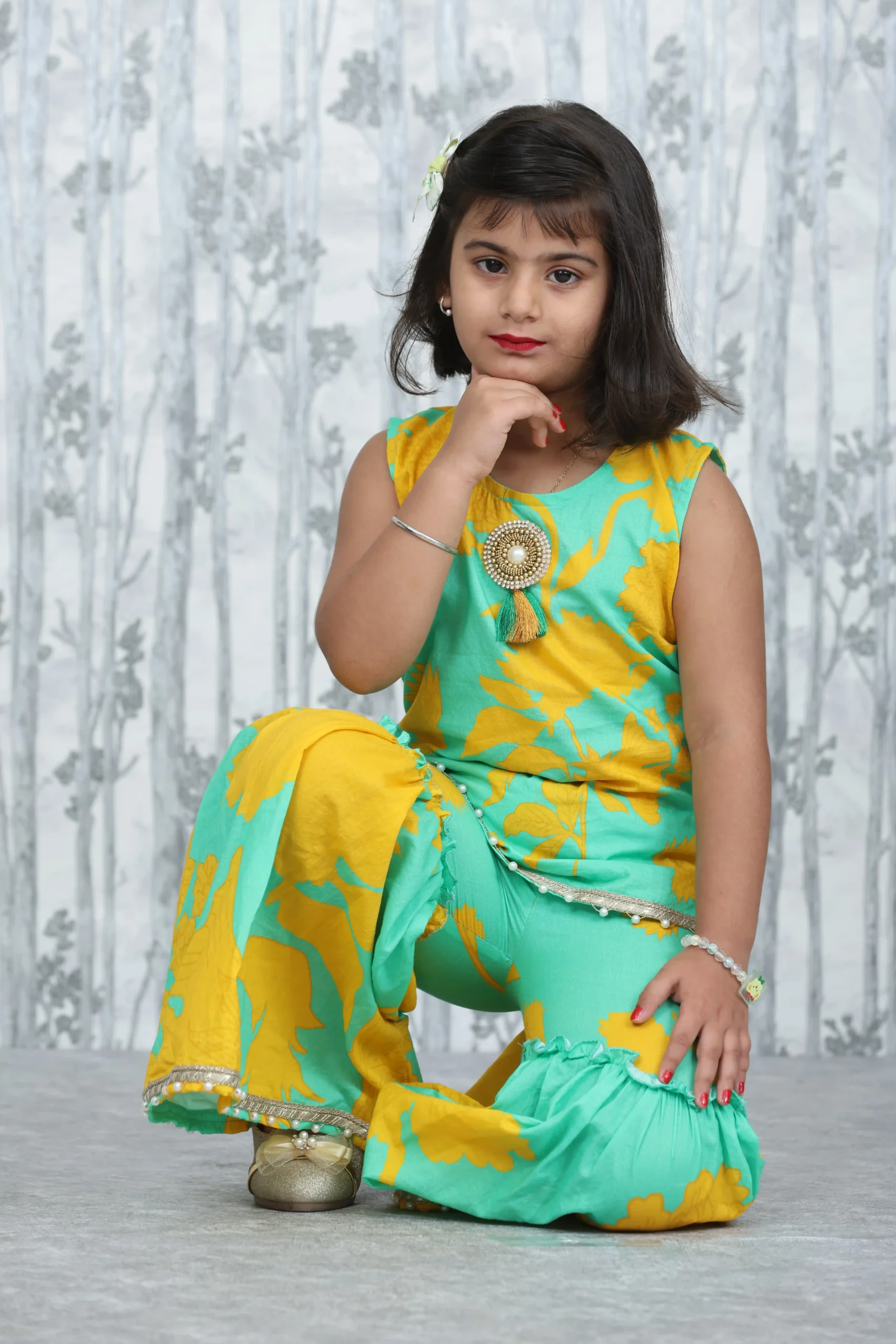 Aqua & Yellow Floral Kids Garara Set with Lace Detailing