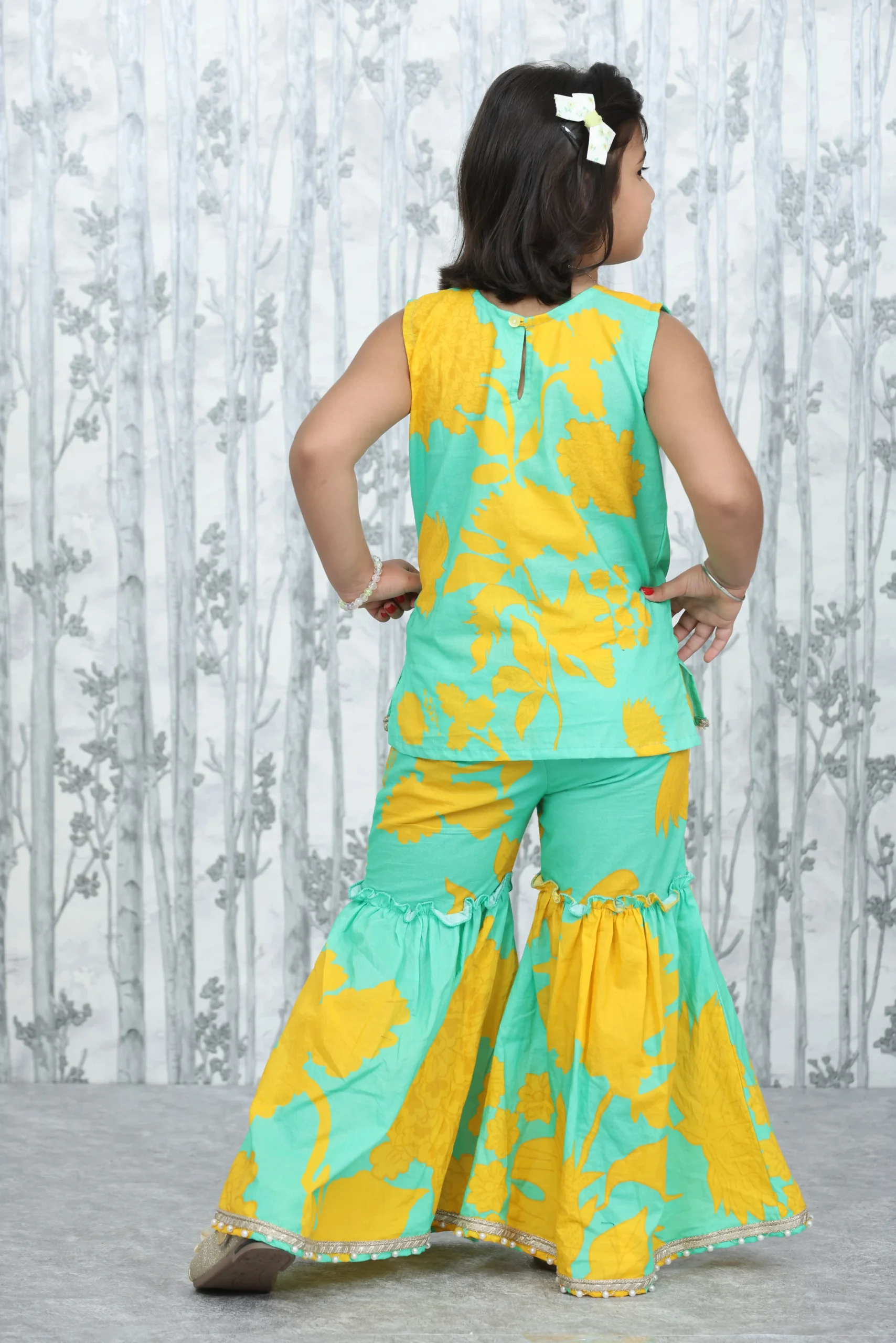 Aqua & Yellow Floral Kids Garara Set with Lace Detailing