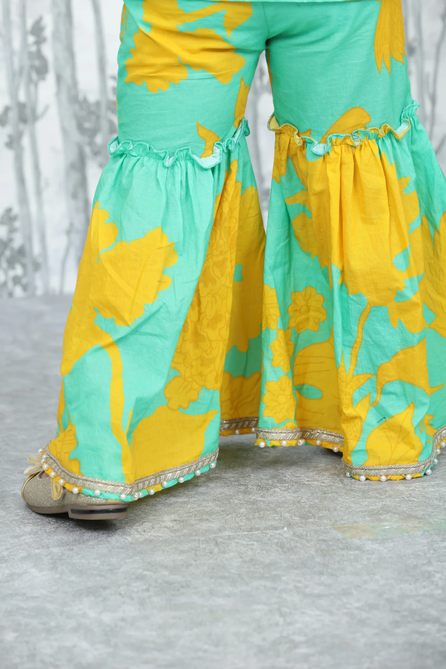 Aqua & Yellow Floral Kids Garara Set with Lace Detailing