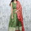 Green Banarasi Brocade Skirt & Crop Top with Red Kalamkari Dupatta – 3 Piece Set