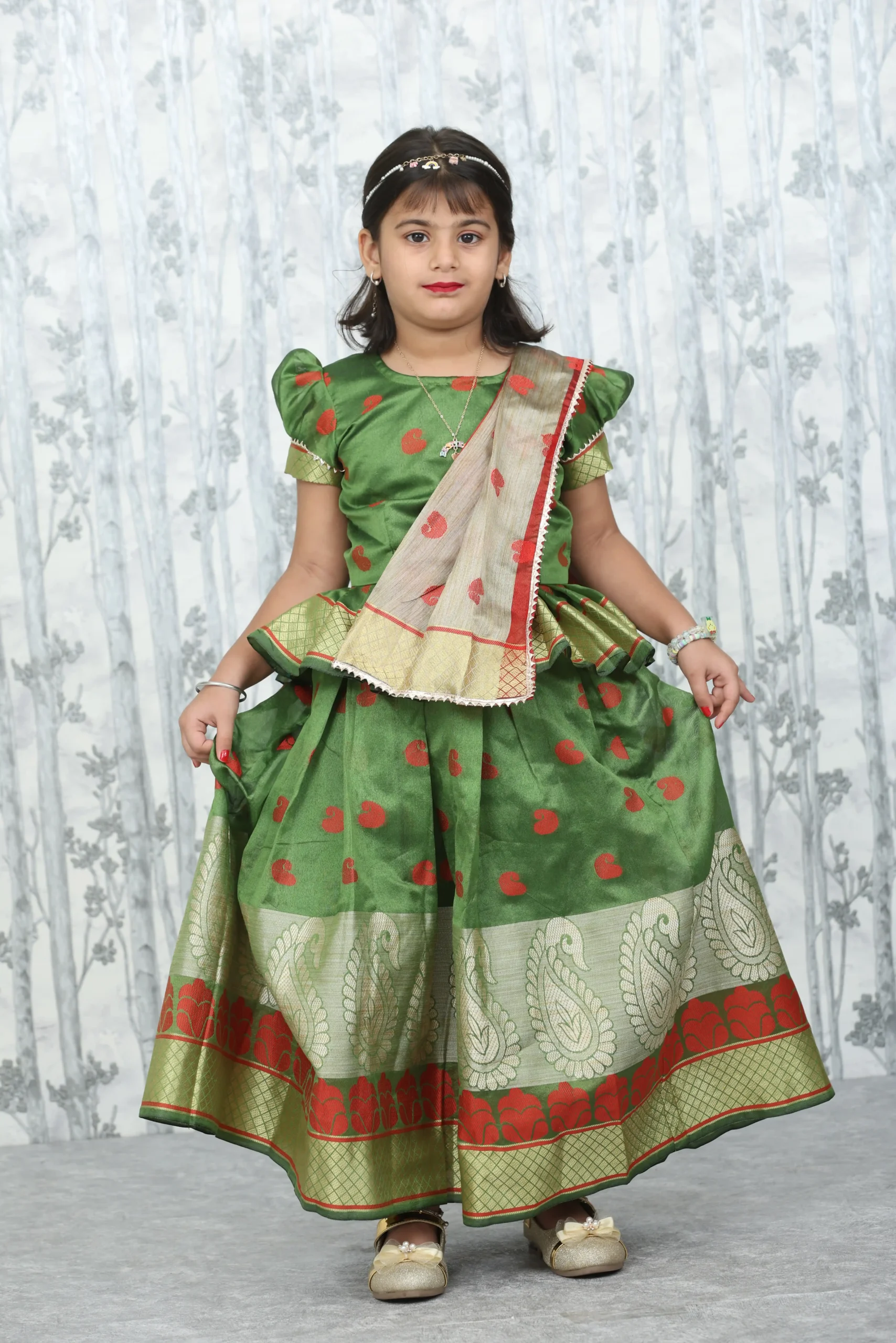 Green Banarasi 3-Piece Kids Dress with Skirt, Top & Designer Dupatta