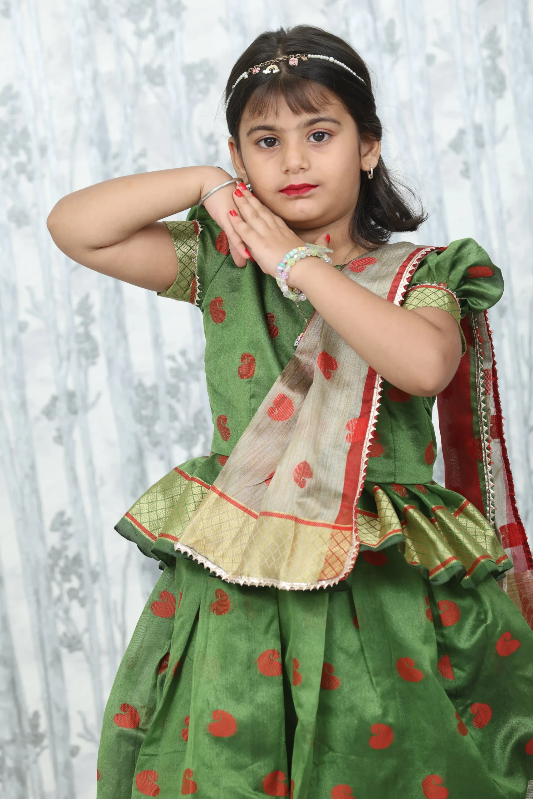 Green Banarasi 3-Piece Kids Dress with Skirt, Top & Designer Dupatta
