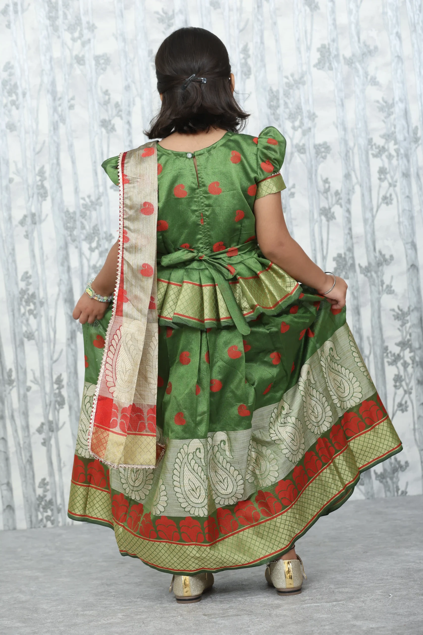 Green Banarasi 3-Piece Kids Dress with Skirt, Top & Designer Dupatta