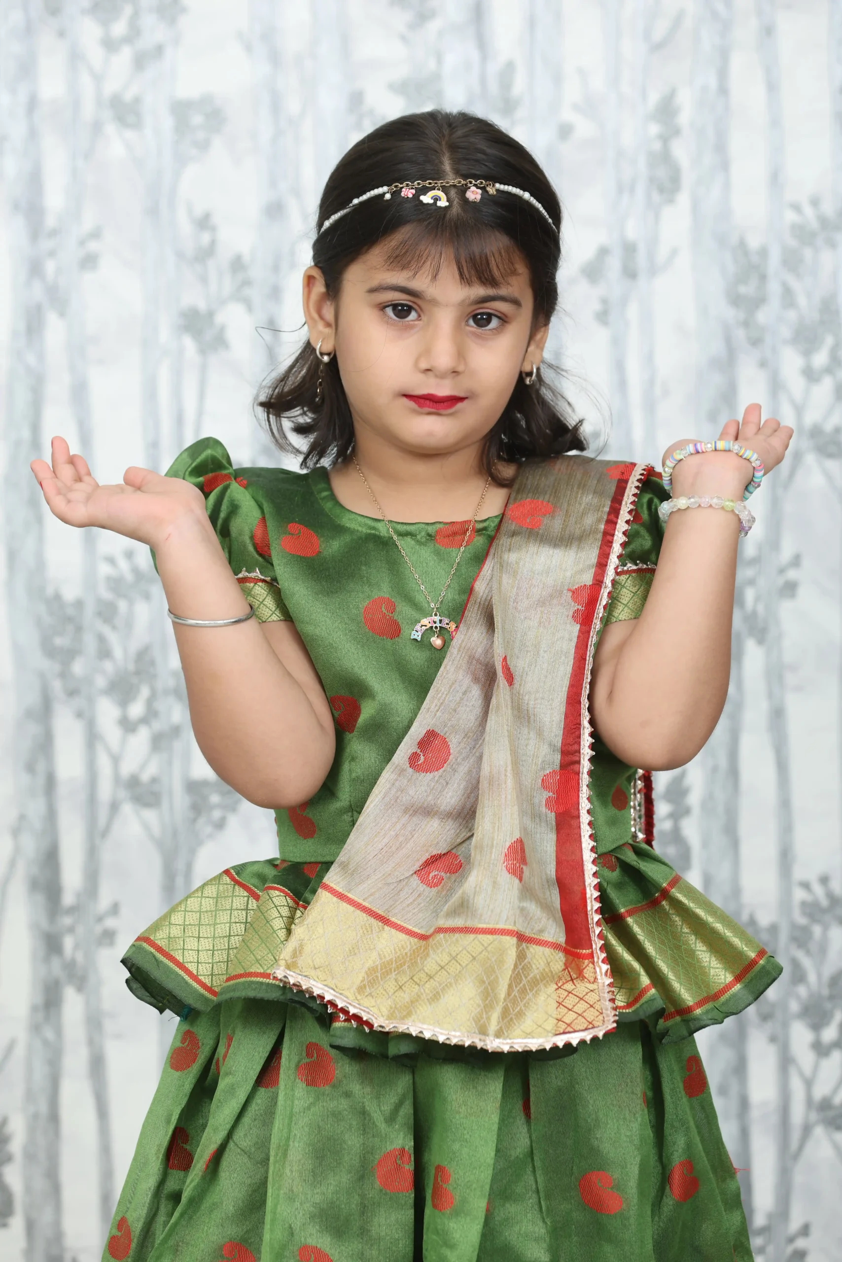 Green Banarasi 3-Piece Kids Dress with Skirt, Top & Designer Dupatta