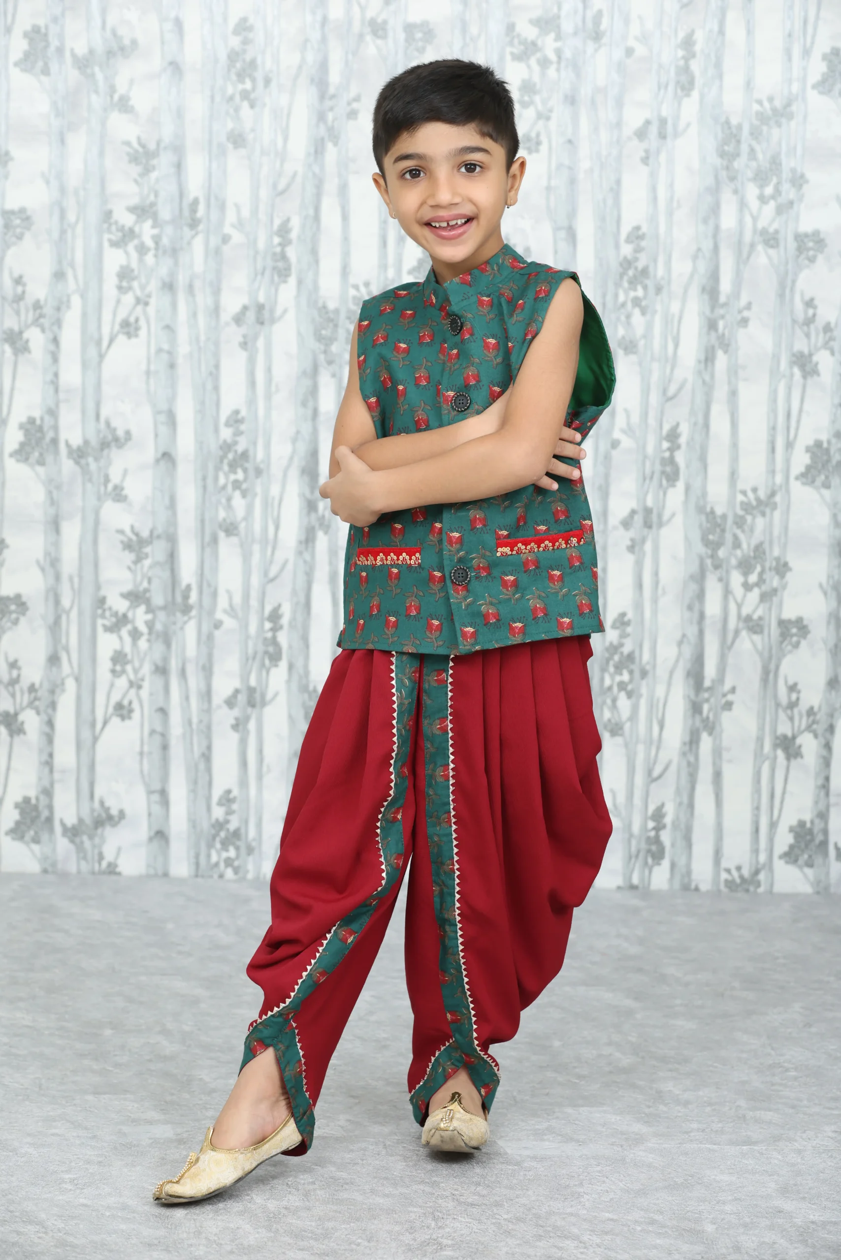 Boys’ 2-Piece Festive Set – Maroon Delta Dhoti Pant with Lined Green Cotton Printed Jacket