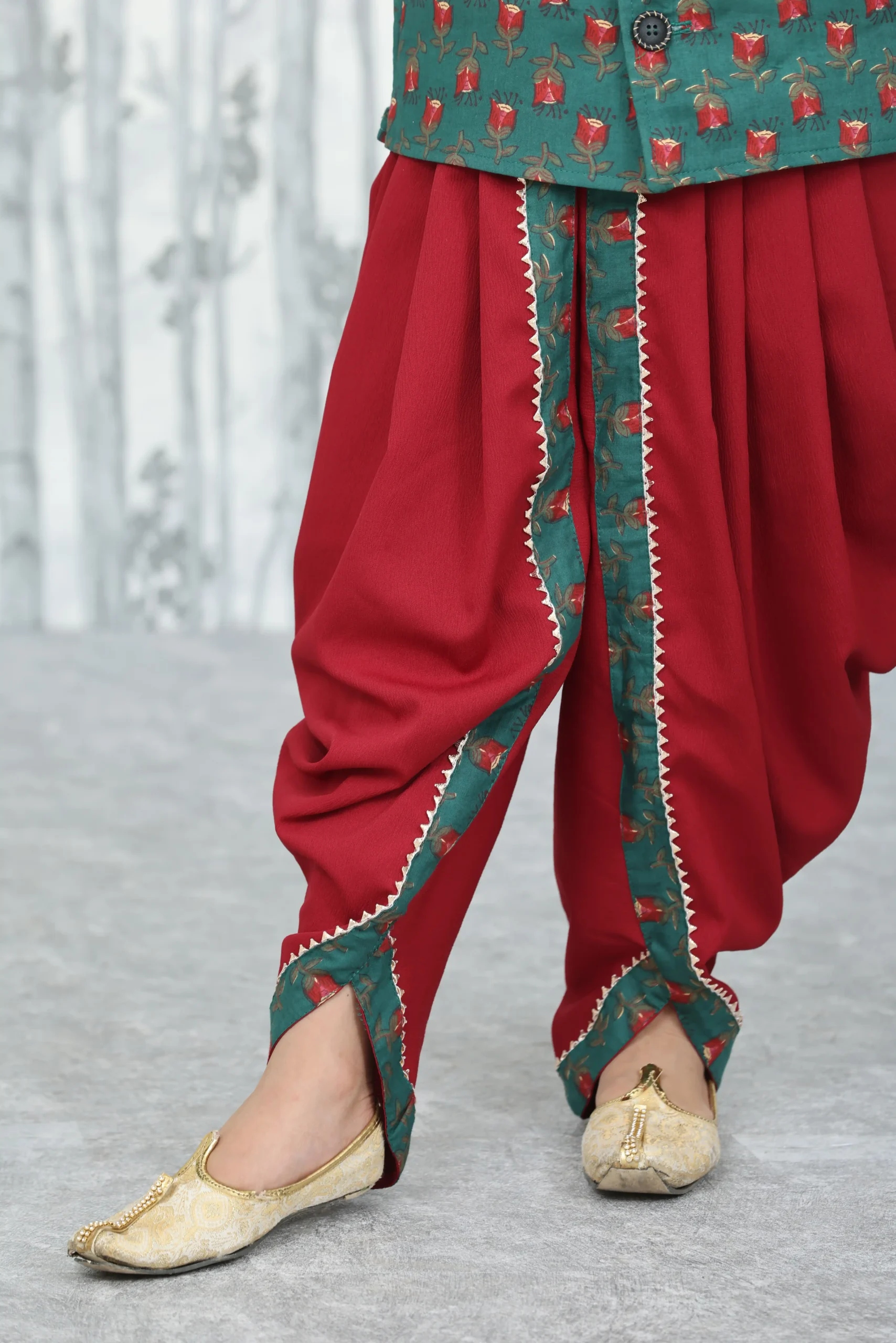 Boys’ 2-Piece Festive Set – Maroon Delta Dhoti Pant with Lined Green Cotton Printed Jacket