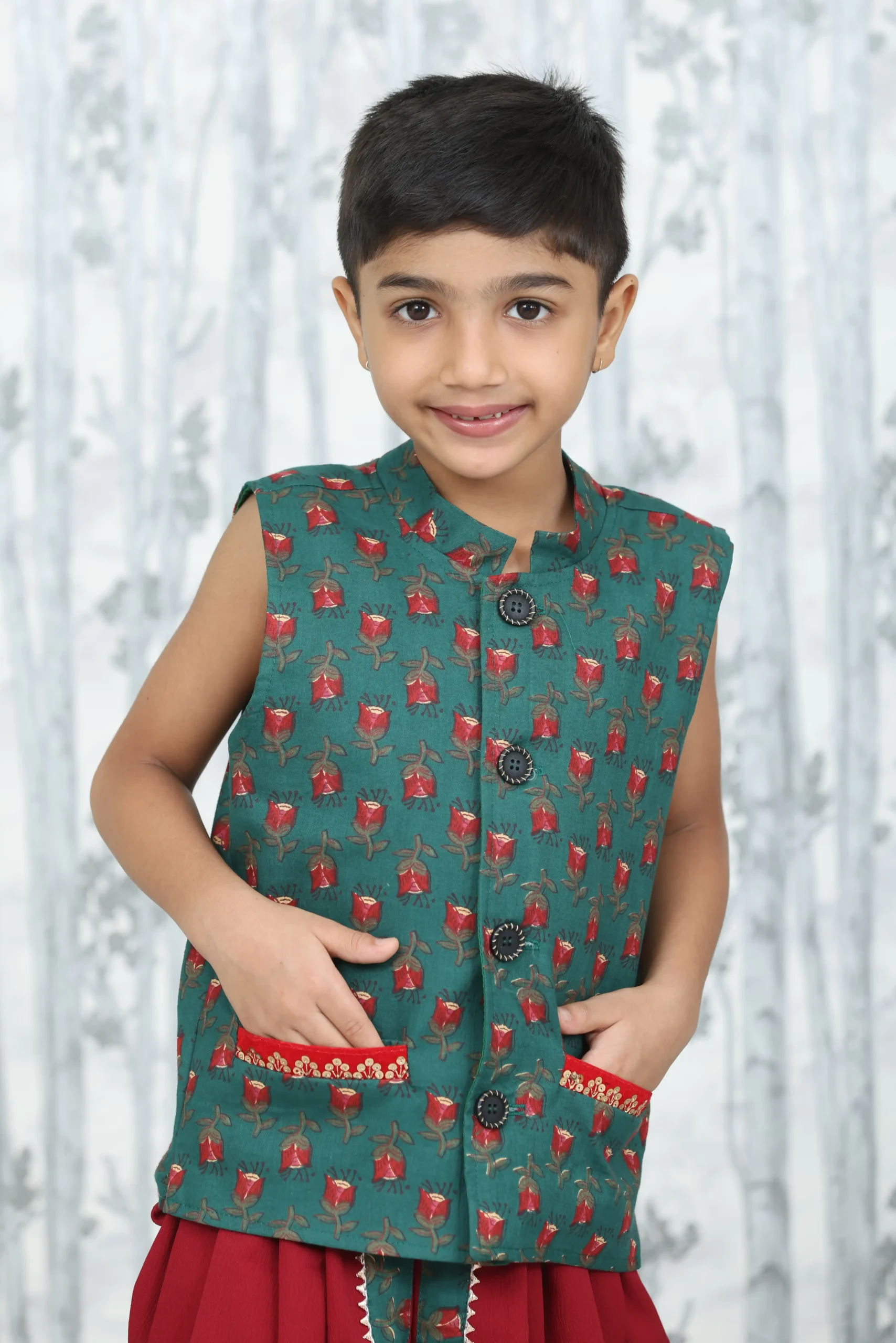 Boys’ 2-Piece Festive Set – Maroon Delta Dhoti Pant with Lined Green Cotton Printed Jacket