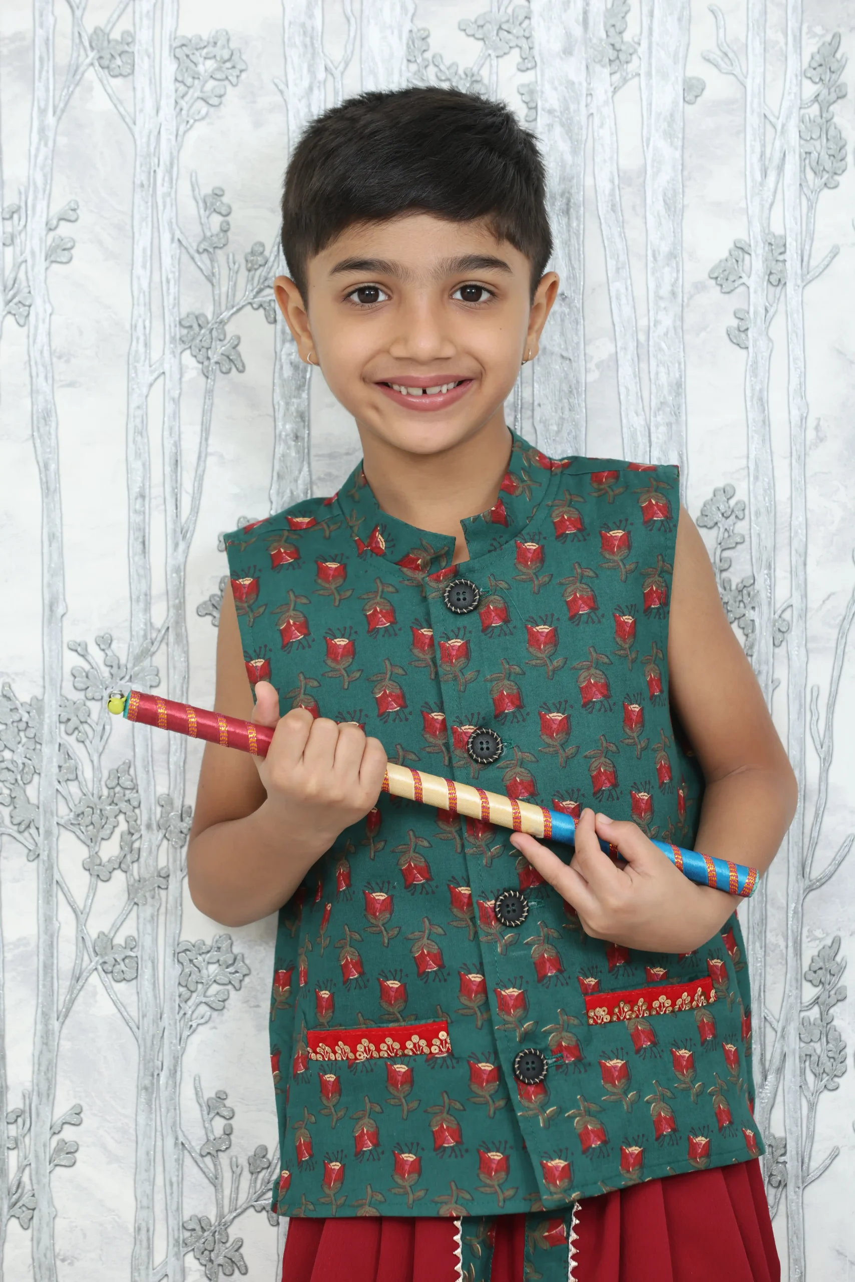 Boys’ 2-Piece Festive Set – Maroon Delta Dhoti Pant with Lined Green Cotton Printed Jacket