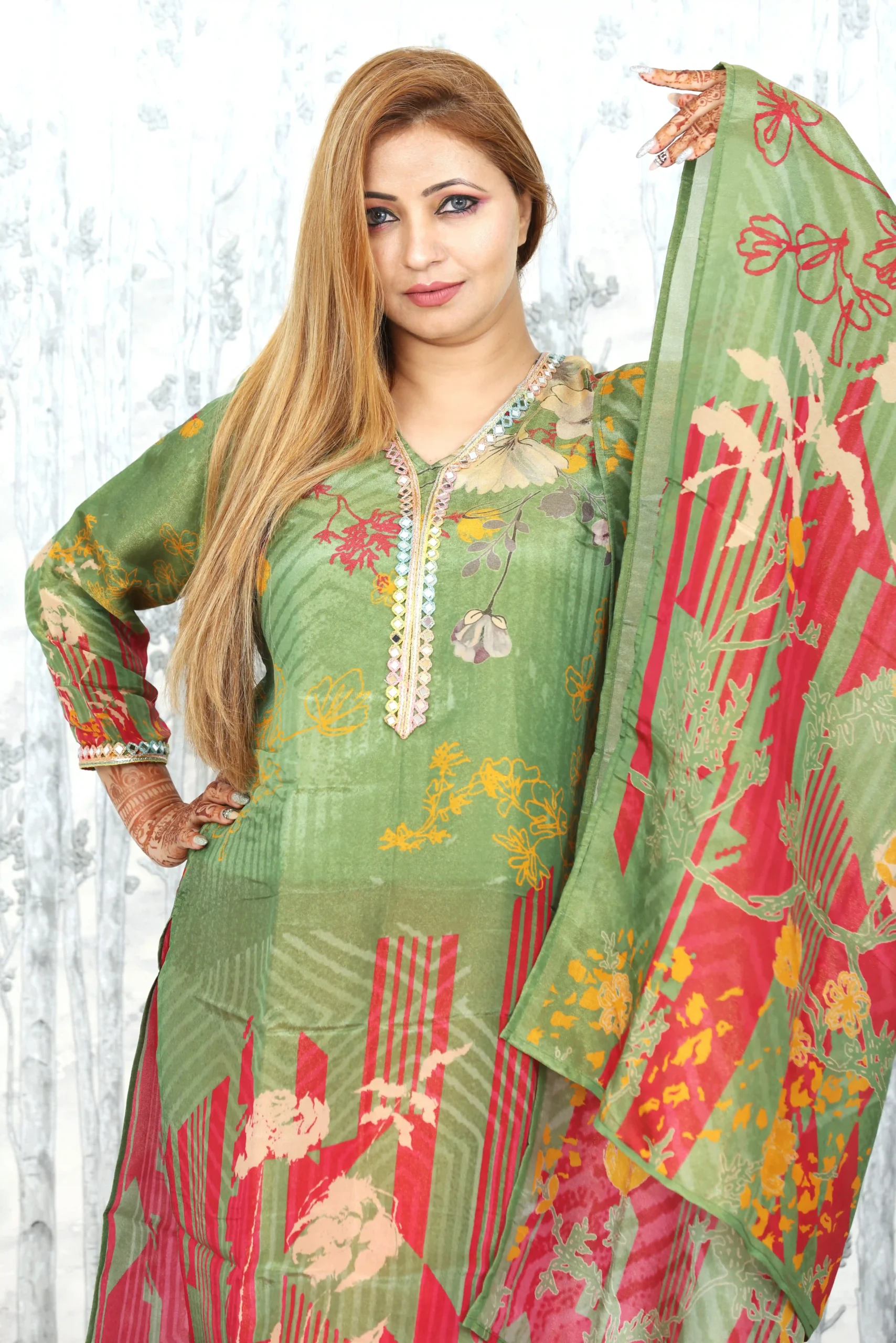 Green & Red Placement Print Chanderi Kurta with Dupatta (2 Pc Set)