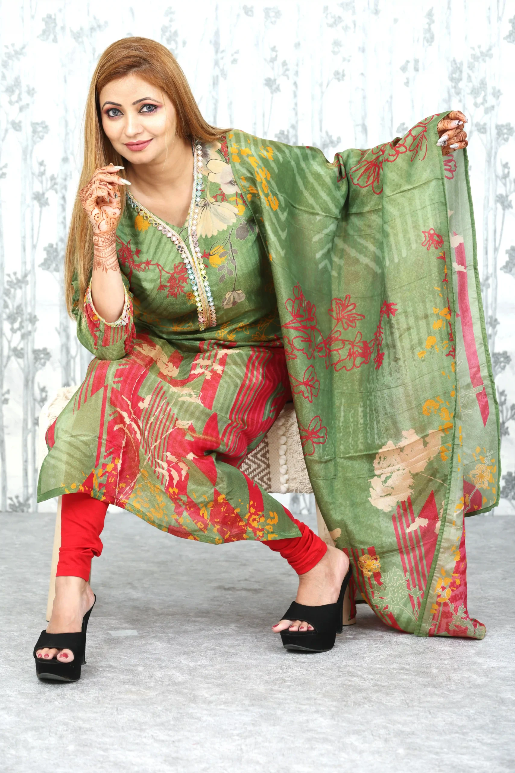 Green & Red Placement Print Chanderi Kurta with Dupatta (2 Pc Set)