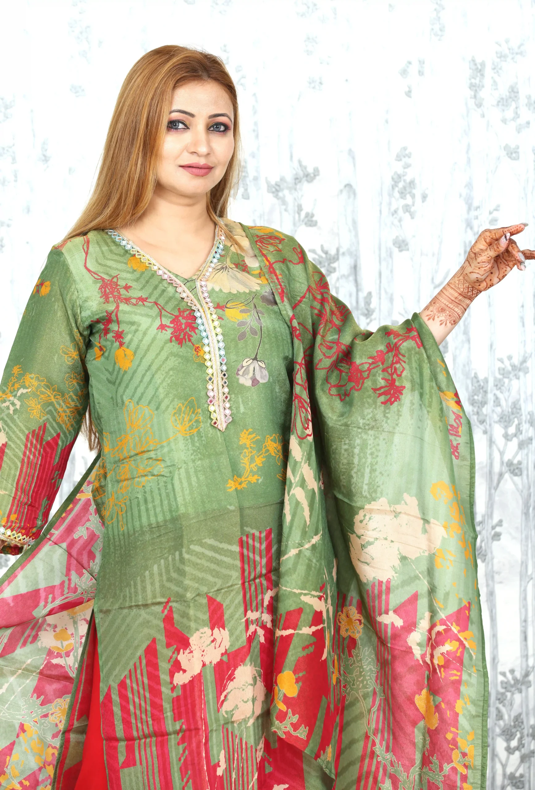 Green & Red Placement Print Chanderi Kurta with Dupatta (2 Pc Set)