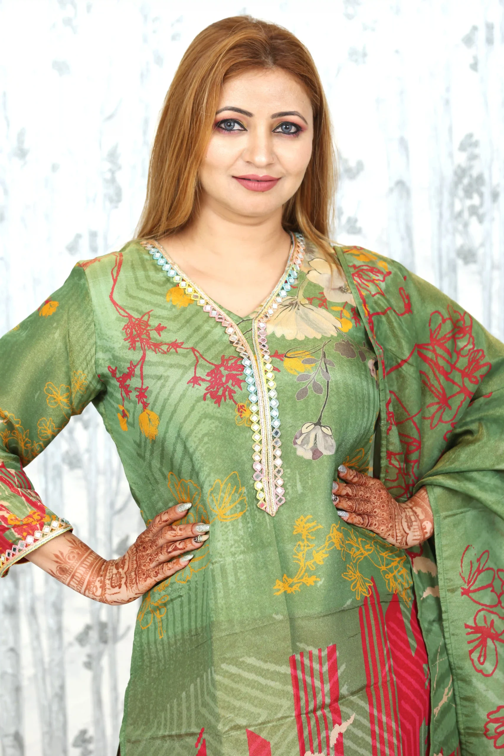 Green & Red Placement Print Chanderi Kurta with Dupatta (2 Pc Set)