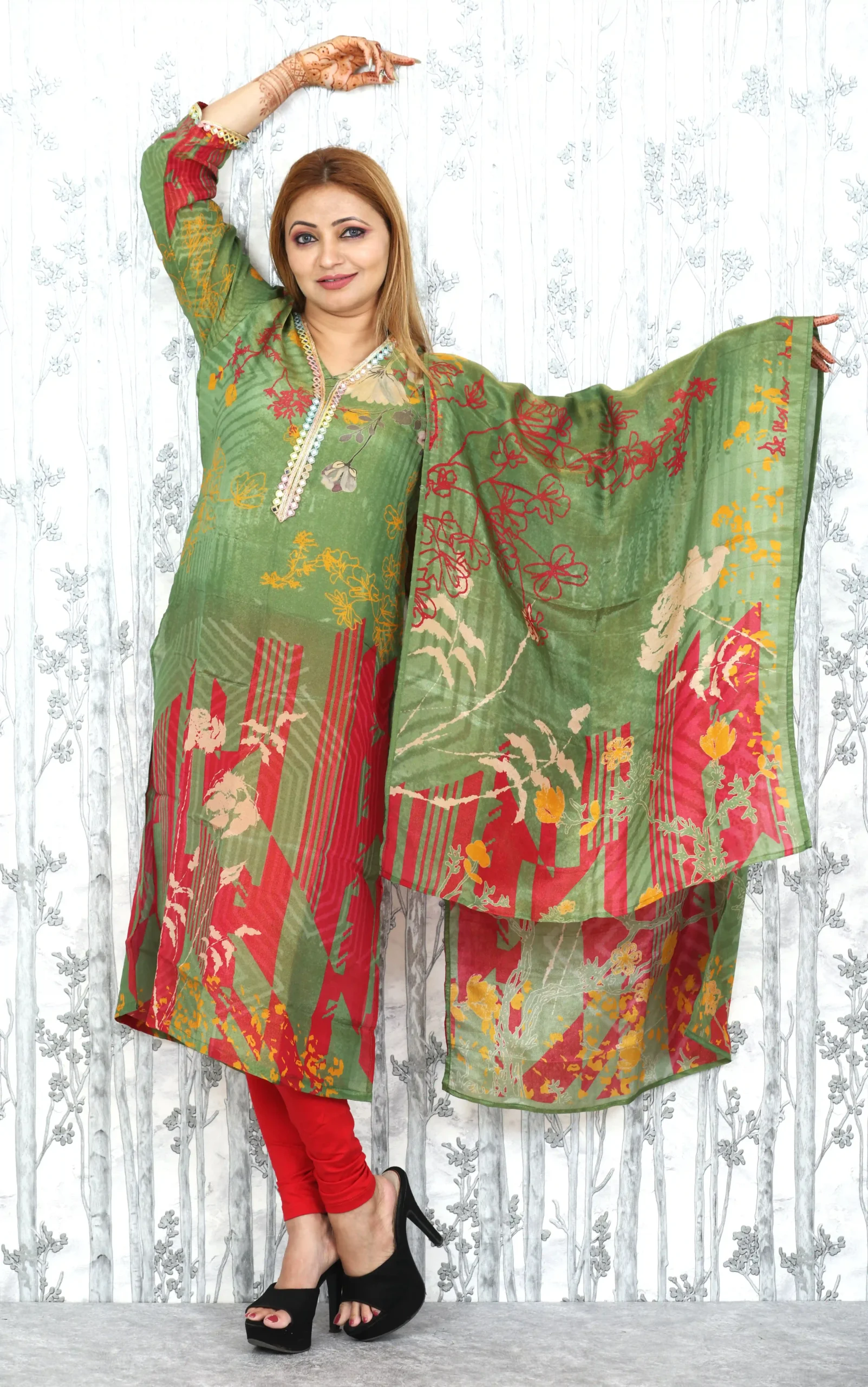 Green & Red Placement Print Chanderi Kurta with Dupatta (2 Pc Set)