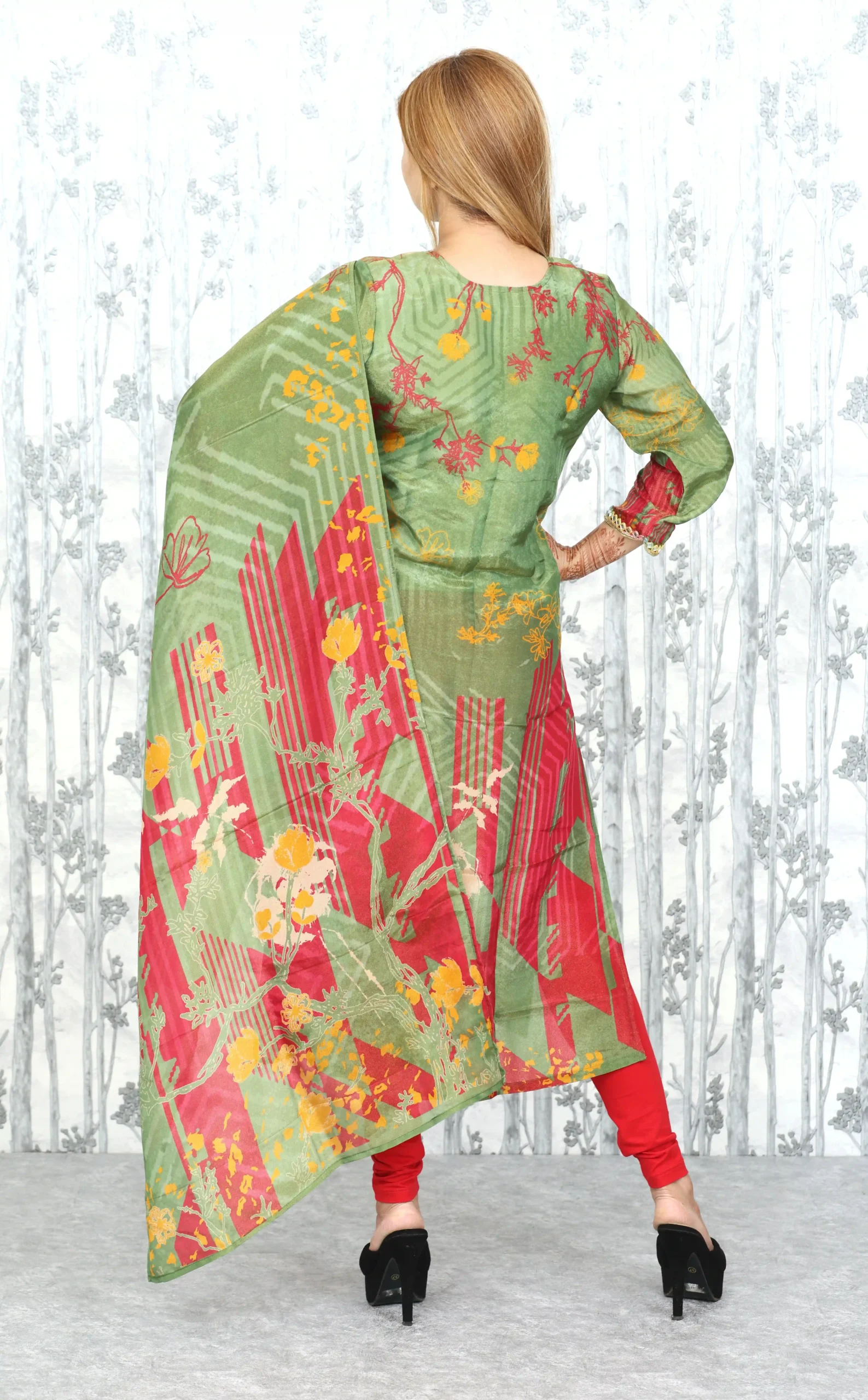 Green & Red Placement Print Chanderi Kurta with Dupatta (2 Pc Set)