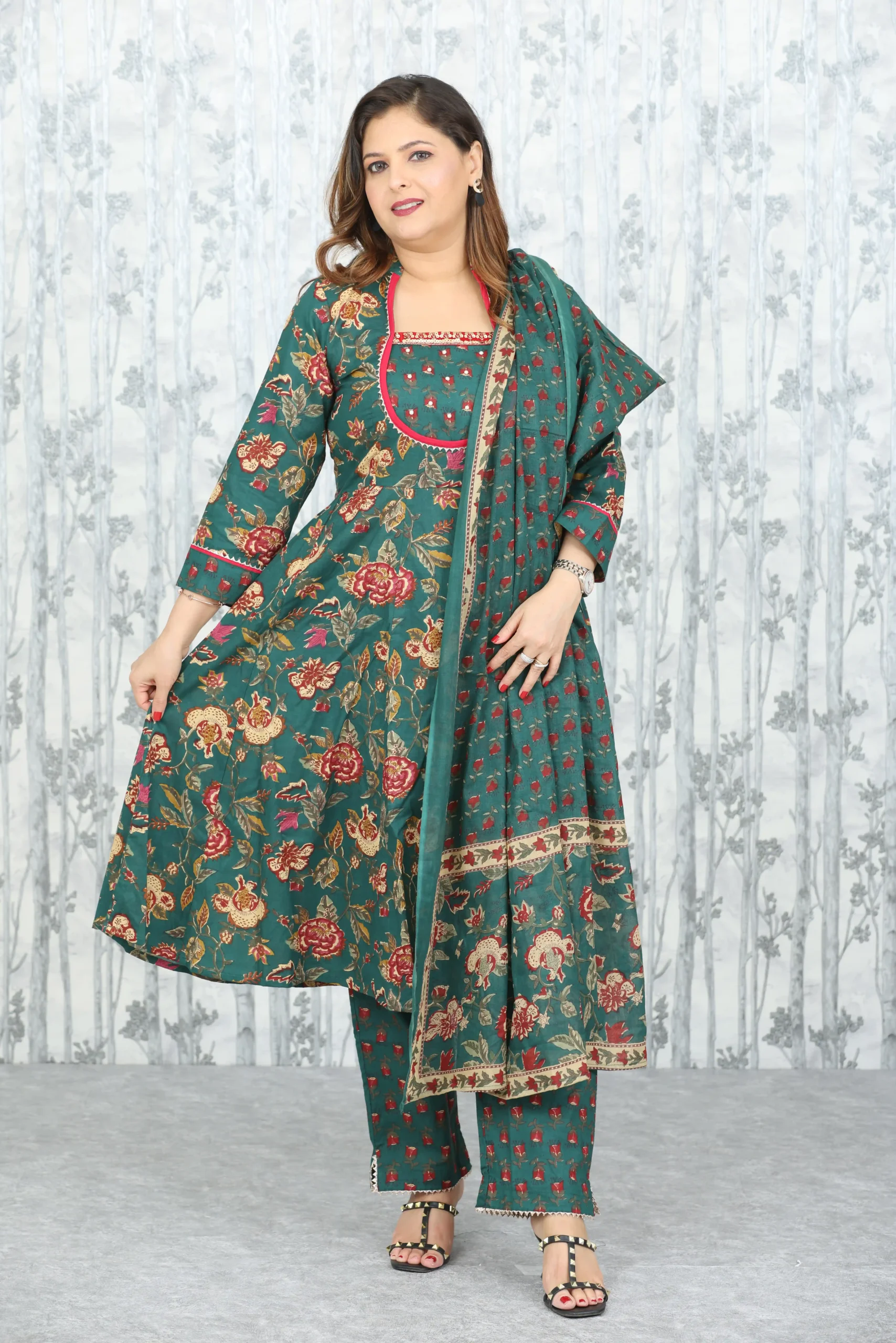 Green Sanganeri Handblock 3-Piece Cotton Suit with Embroidered Neck