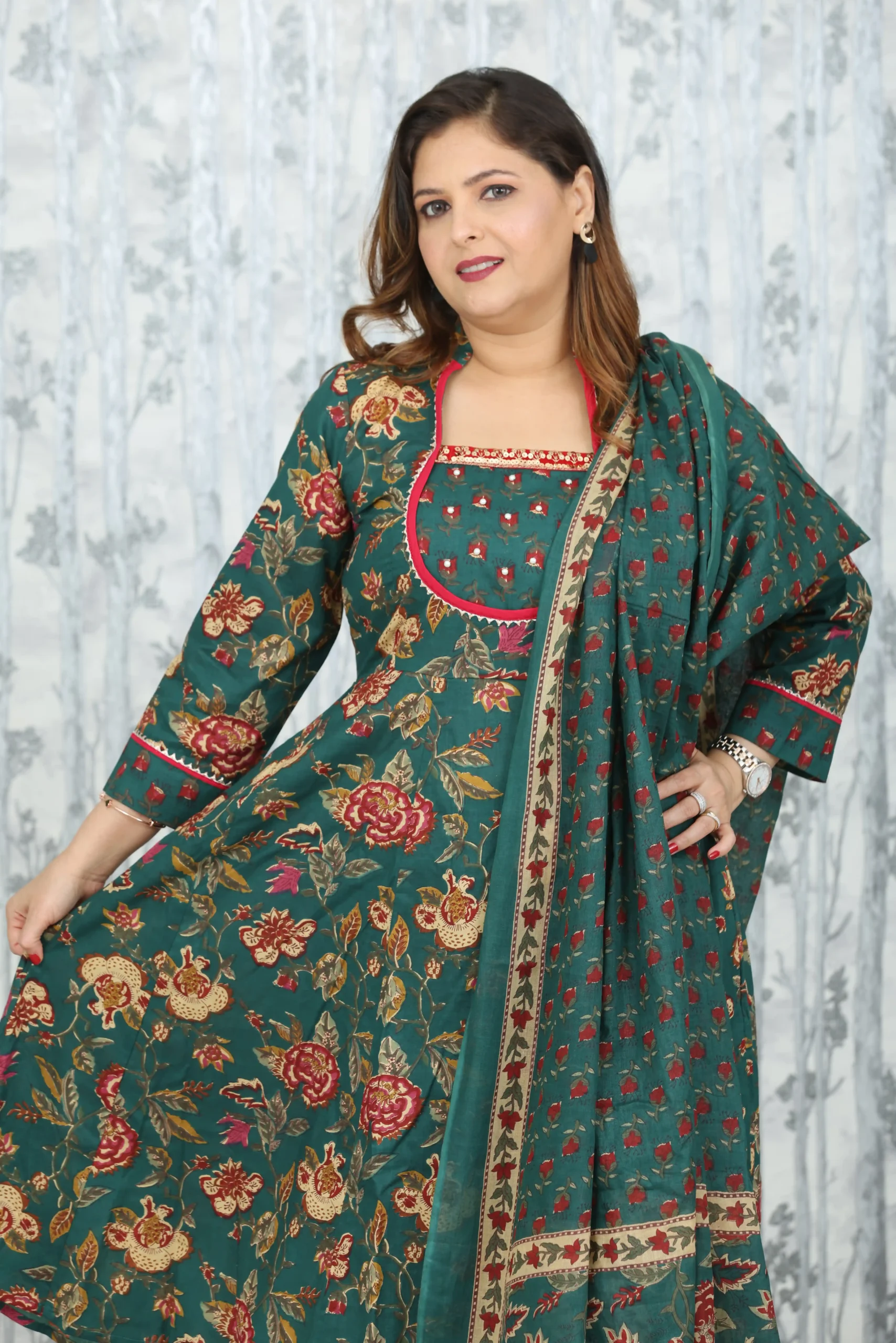 Green Sanganeri Handblock 3-Piece Cotton Suit with Embroidered Neck