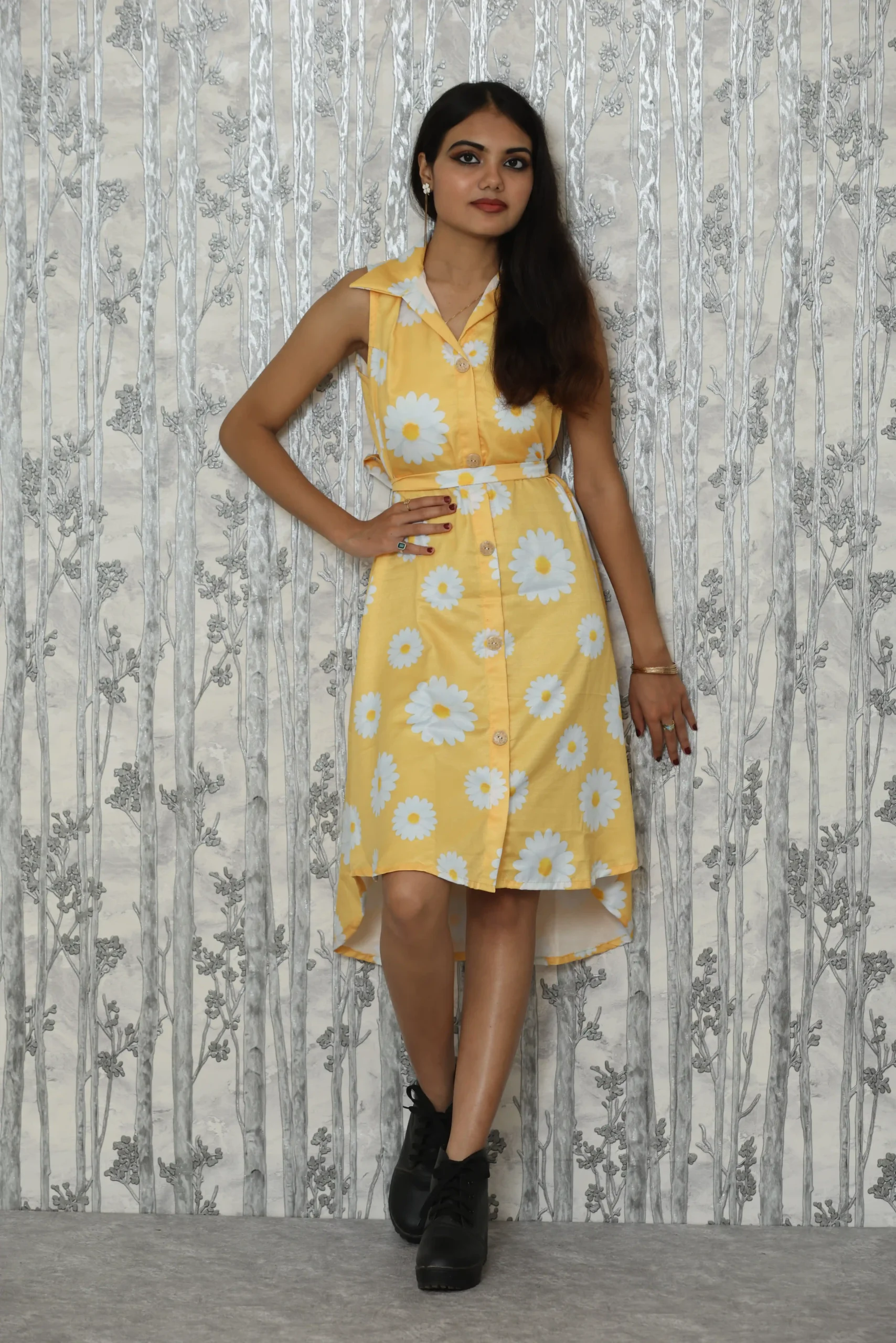 Yellow Daisy Print Cotton Silk High-Low Dress – Nine2Five