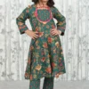 Kids Green Anarkali Kurti Pant Set in Cotton Sanganeri Print with Neck Detailing
